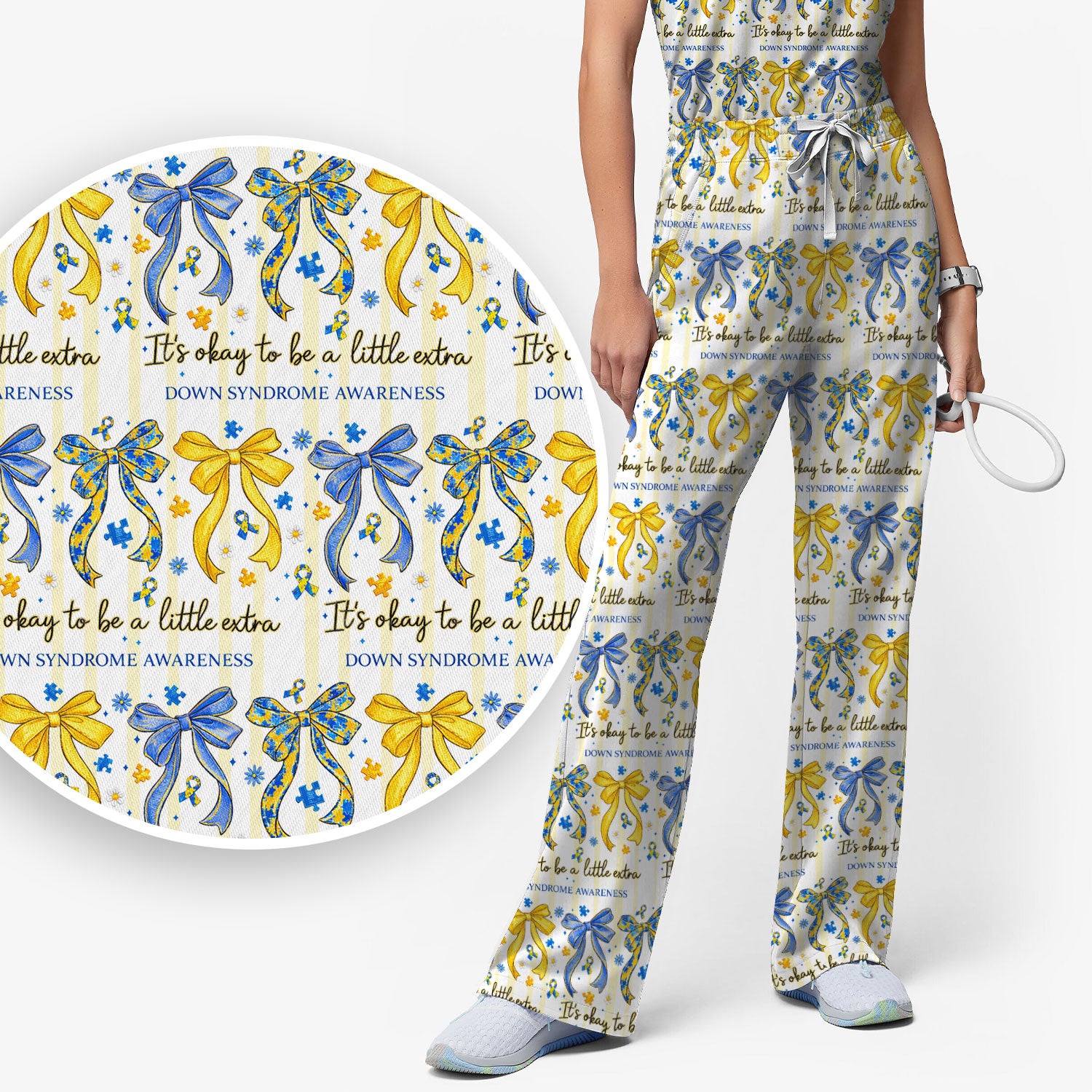 Down Syndrome Awareness Ribbon Pattern Scrub Set, Scrub Pants and V Neck Top