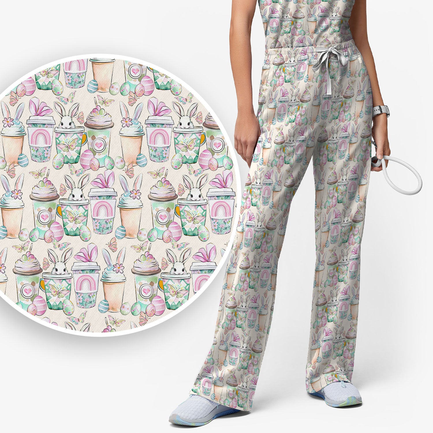 Cute Easter Bunny Coffee Cup Pattern Scrub Sets, Scrub Pants and V Neck Top