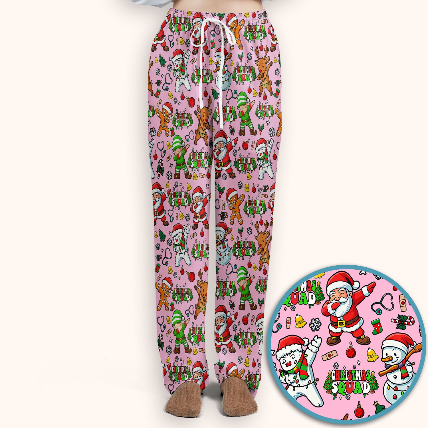 Christmas Squad Scrub Set - Dancing Santa, Reindeer & Elf Pants and V Neck Top - Funny Holiday Gift for Nurses, Doctors & Vet Techs