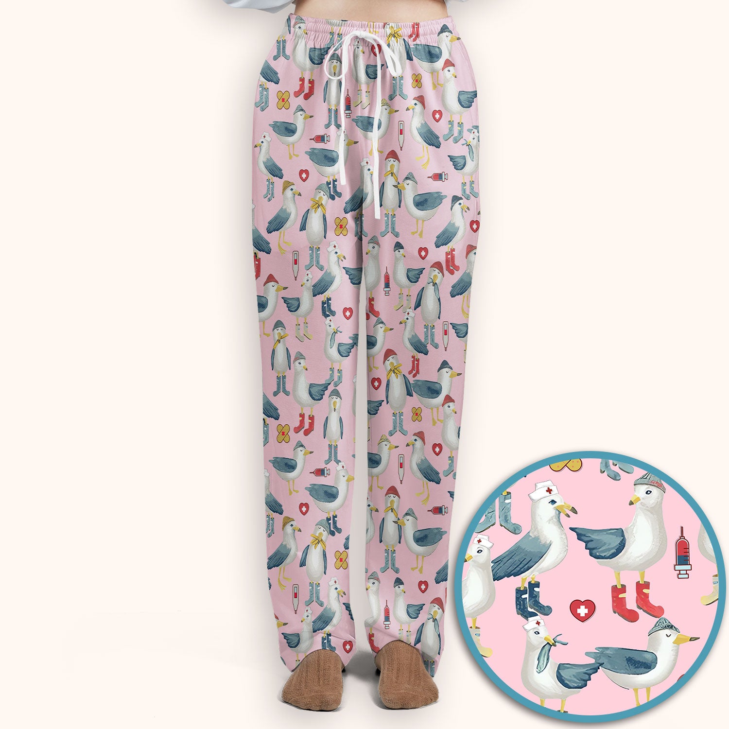 Funny Seagull Nurse Scrub Set - Cute Bird with Medical Icons Scrubs Pants and V Neck Top - Comfortable Scrubs for Women