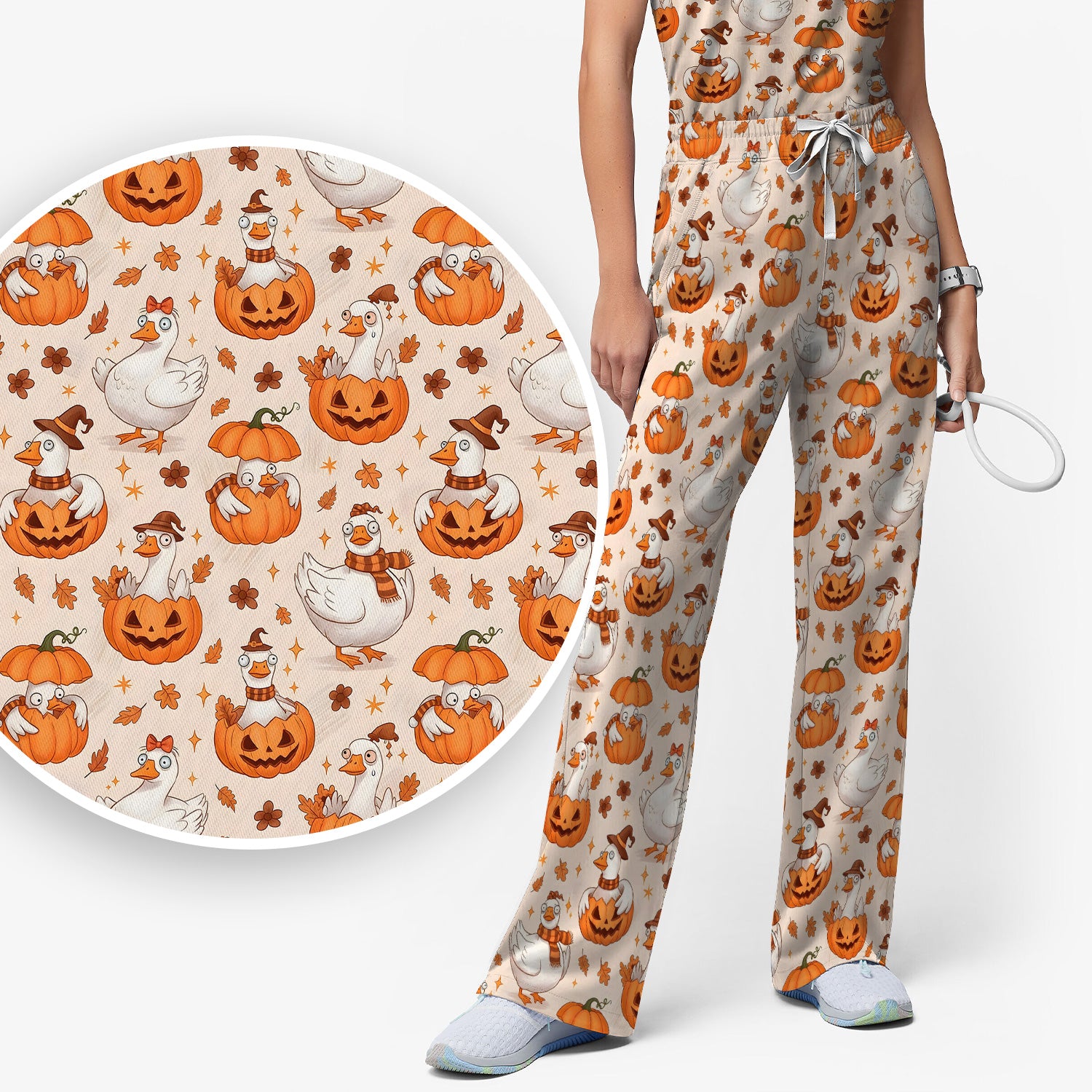 Cute Halloween Goose And Pumpkins Scrub Set, Scrub Pants and V Neck Top