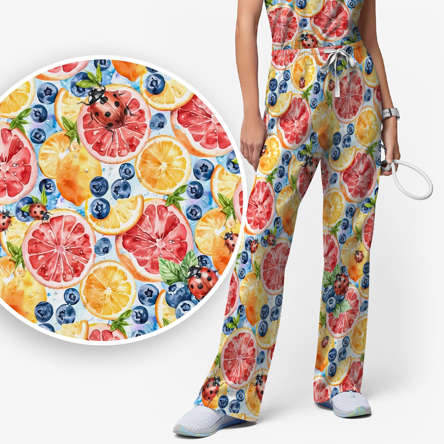 Cute Citrus Berry Ladybug Pattern Scrub Set, Scrub Pants and V Neck Top