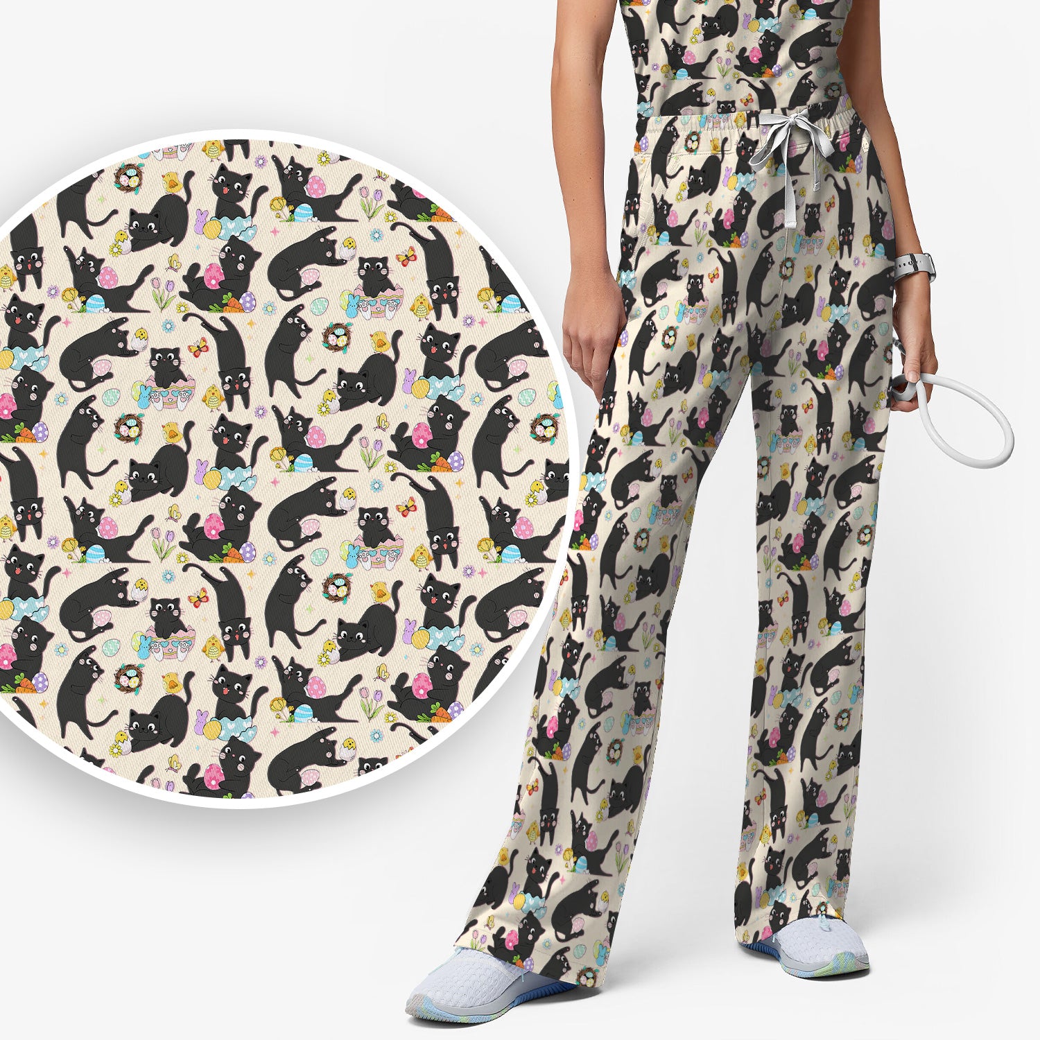 Playful Black Cat Easter Egg Pattern Scrub Set, Scrub Pants and V Neck Top