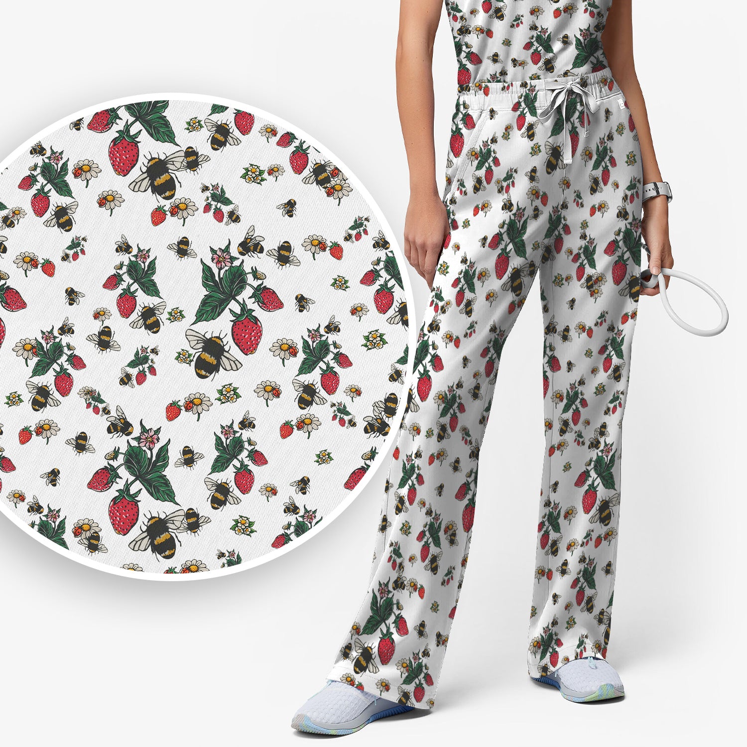 Cute Strawberry Bee Daisy Floral Pattern Scrub Set, Scrub Pants and V Neck Top