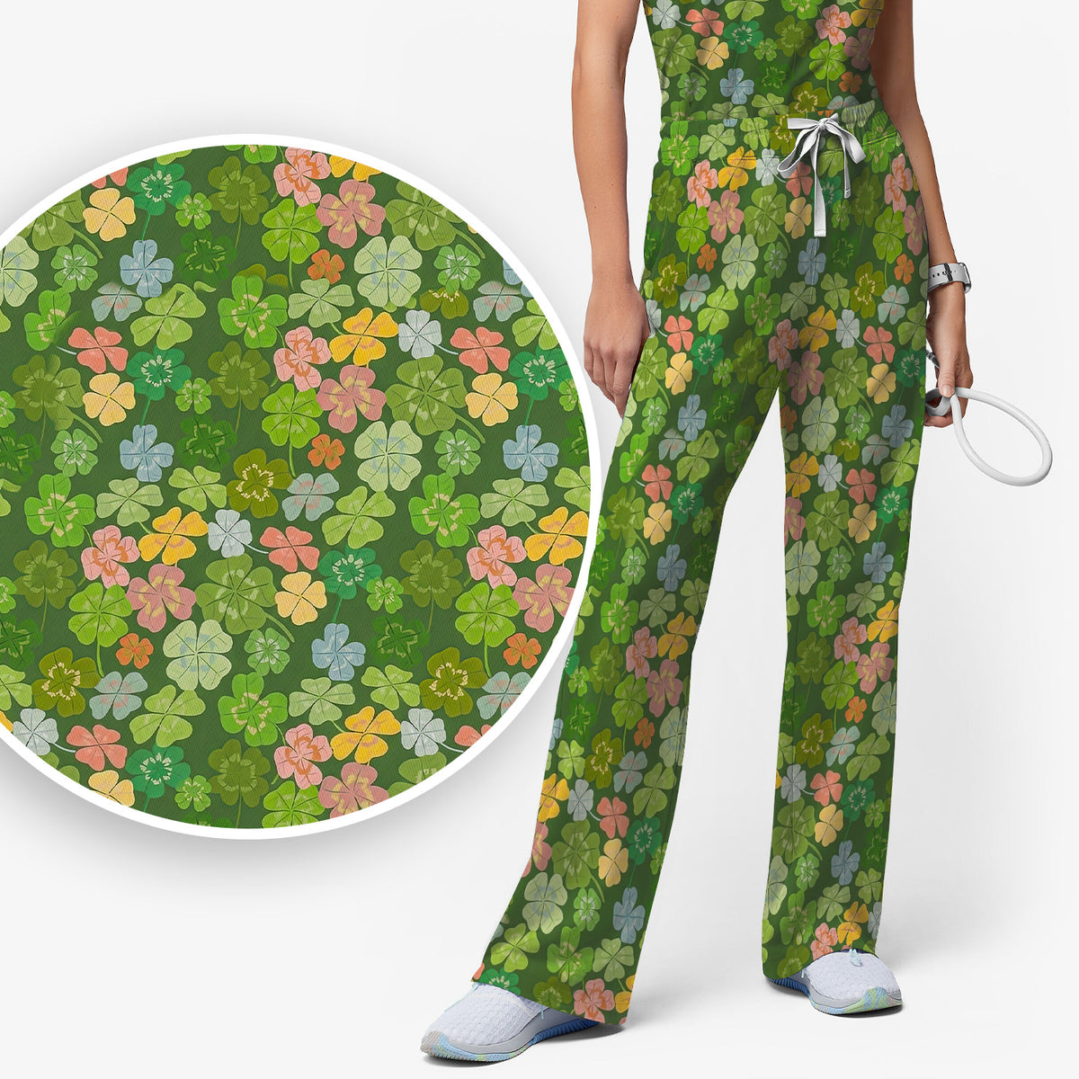 Colorful Shamrock Clover Pattern Scrubs Sets, Scrub Pants and V Neck Top