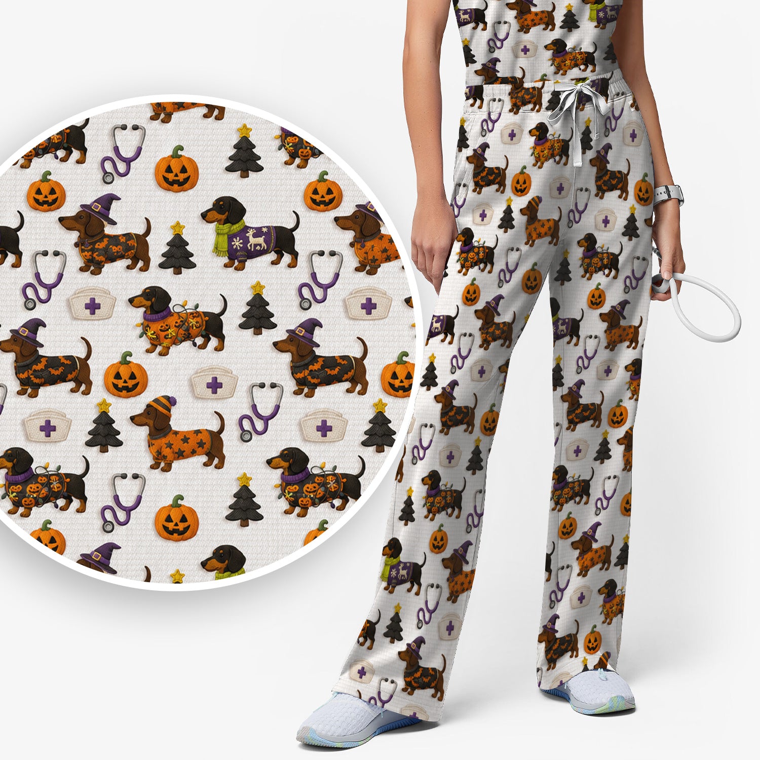 Halloween Dachshund with Pumpkin Stethoscope Print Scrub Set, Scrub Pants and V Neck Top