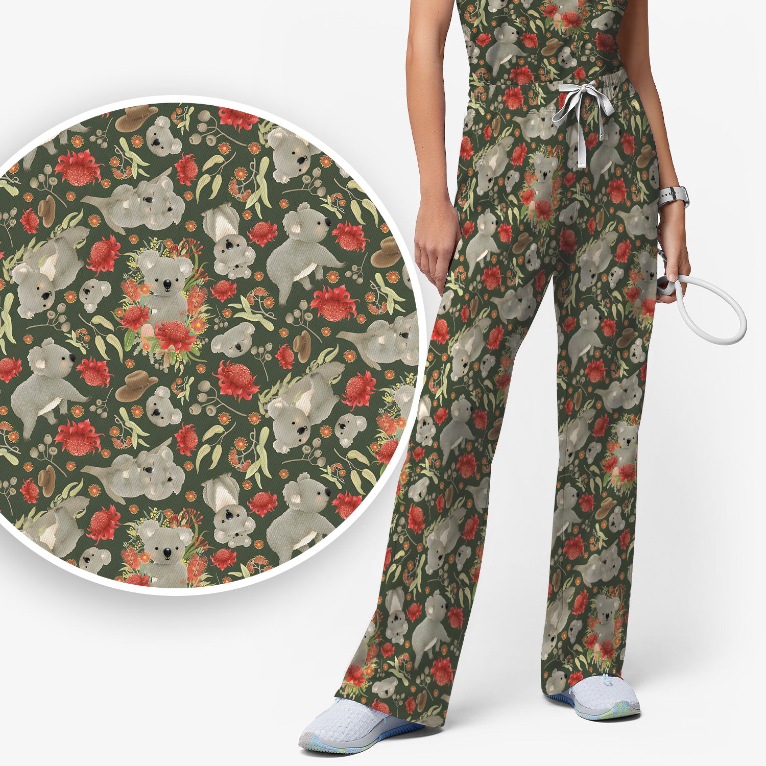 Cute Koala Wildflower Pattern Scrub Set, Scrub Pants and V Neck Top