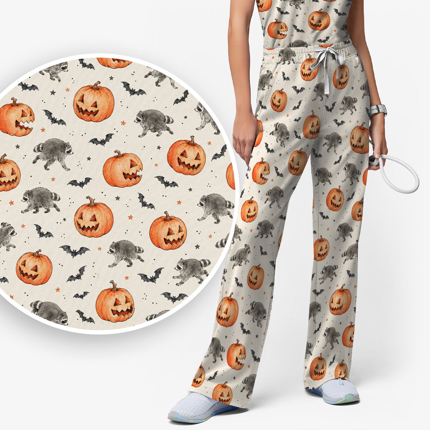 Spooky Halloween Raccoon And Pumpkin Scrub Set, Scrub Pants and V Neck Top
