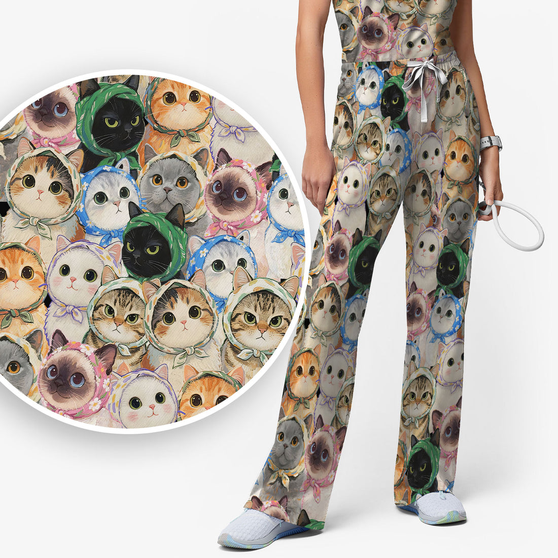 Adorable Multi Cat Portrait Pattern Scrub Set, Scrub Pants and V Neck Top