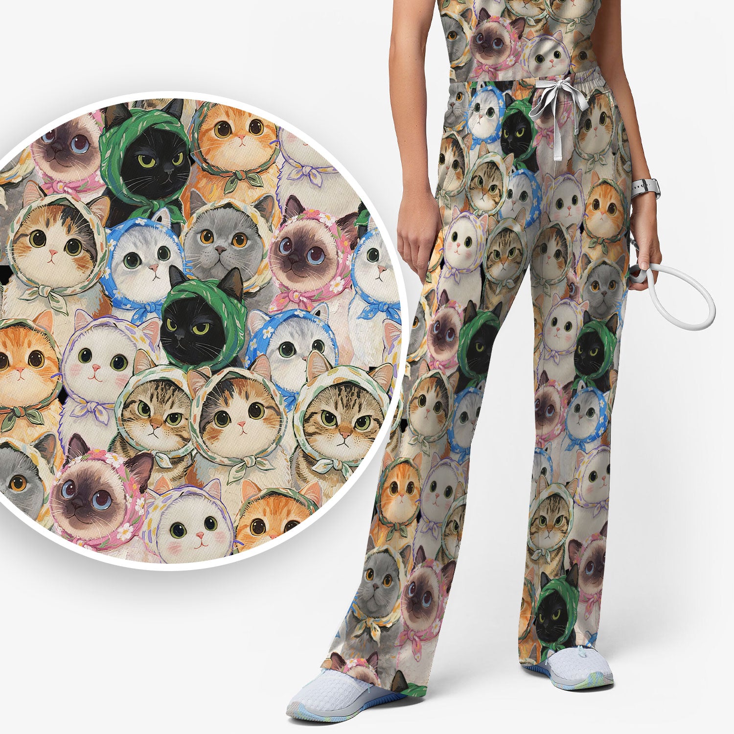 Adorable Multi Cat Portrait Pattern Scrub Set, Scrub Pants and V Neck Top