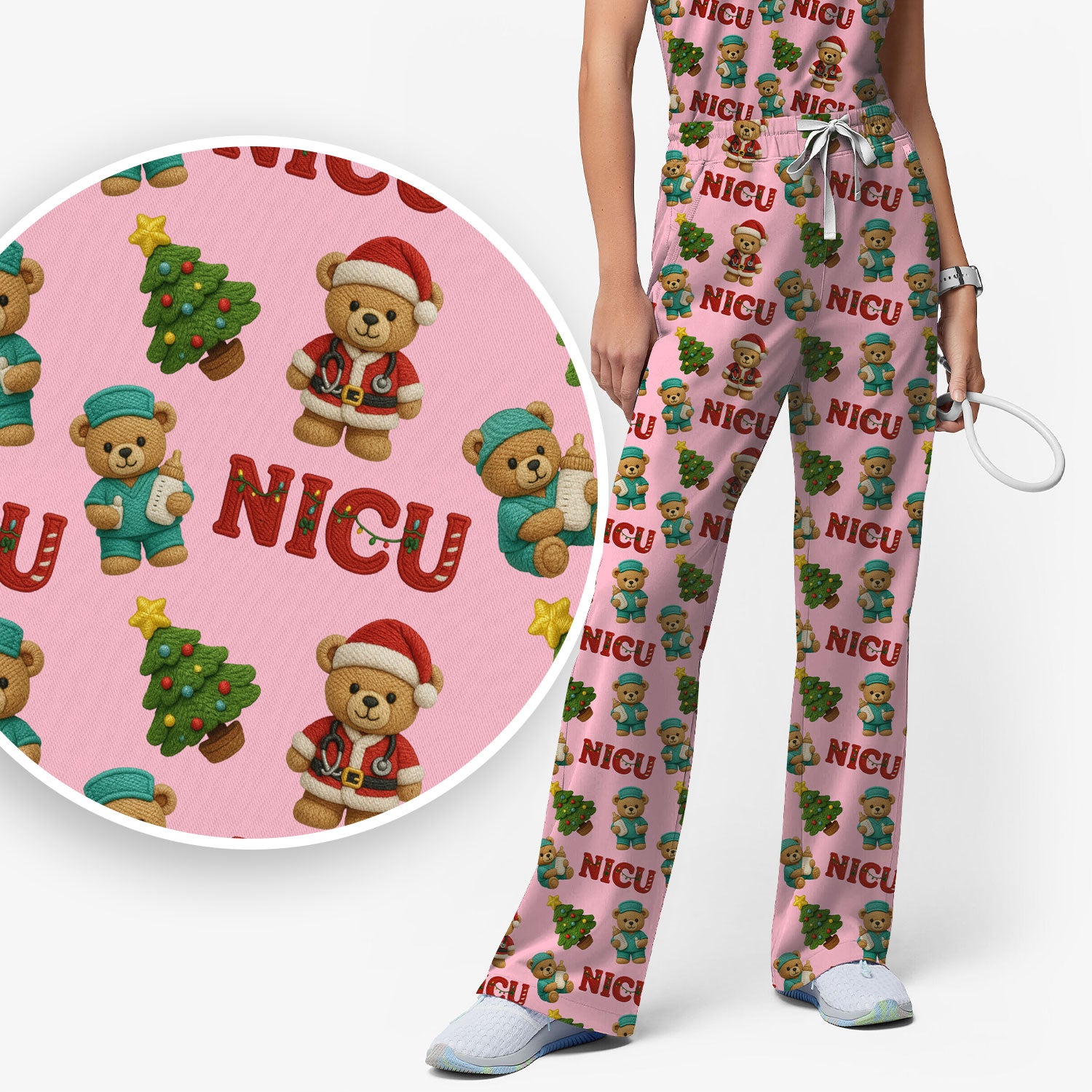Festive Christmas NICU Nurse Teddy Bear Pattern Scrub Set, Breathable Med Uniform