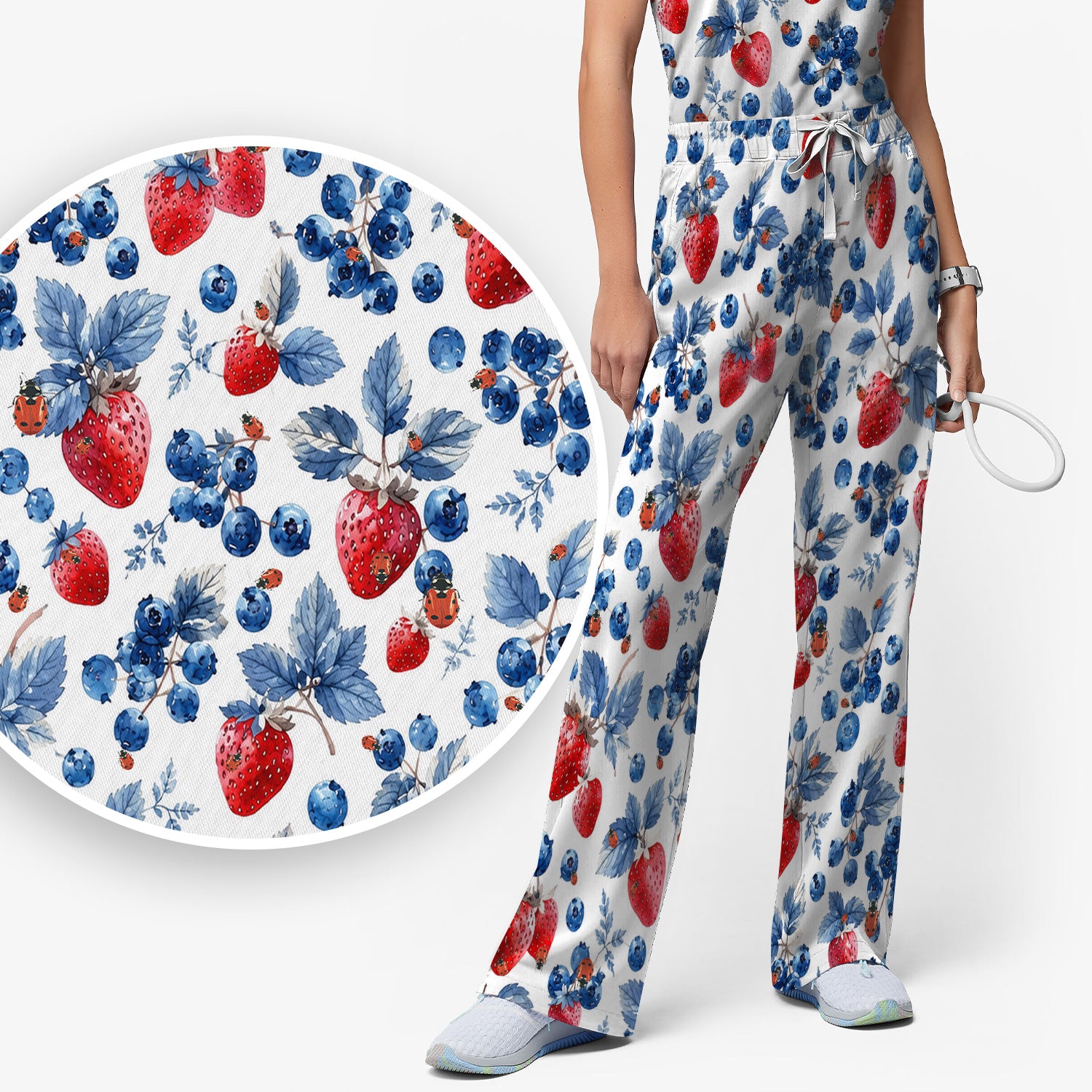 Cute Strawberry Blueberry Ladybug Pattern Scrub Set, Scrub Pants and V Neck Top