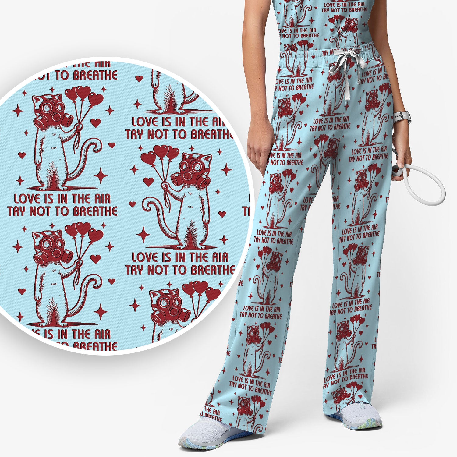 Gas Mask Cat Heart Balloon Valentine Print Scrub Set, Breathable Med Uniform