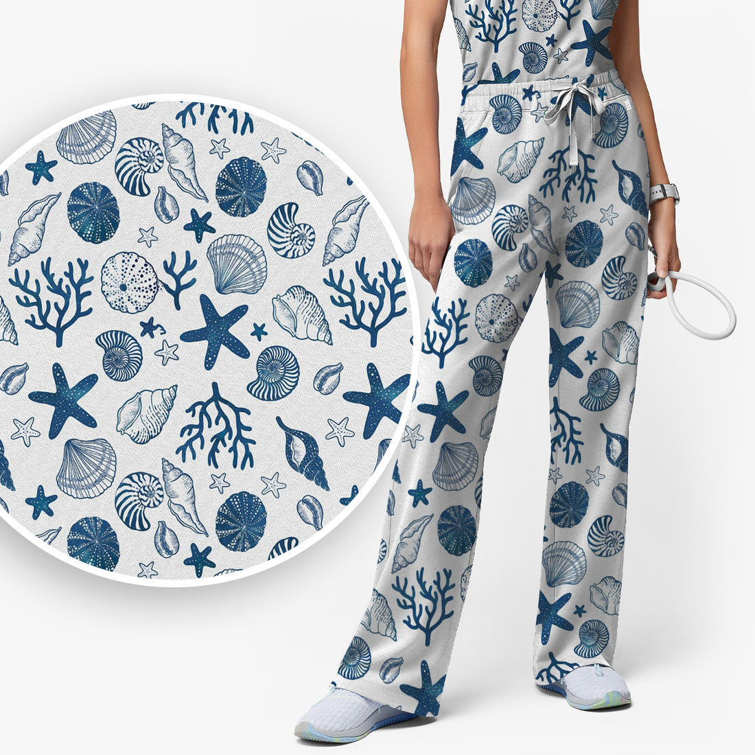 Cute Ocean Shell Starfish Pattern Scrub Set, Scrub Pants and V Neck Top