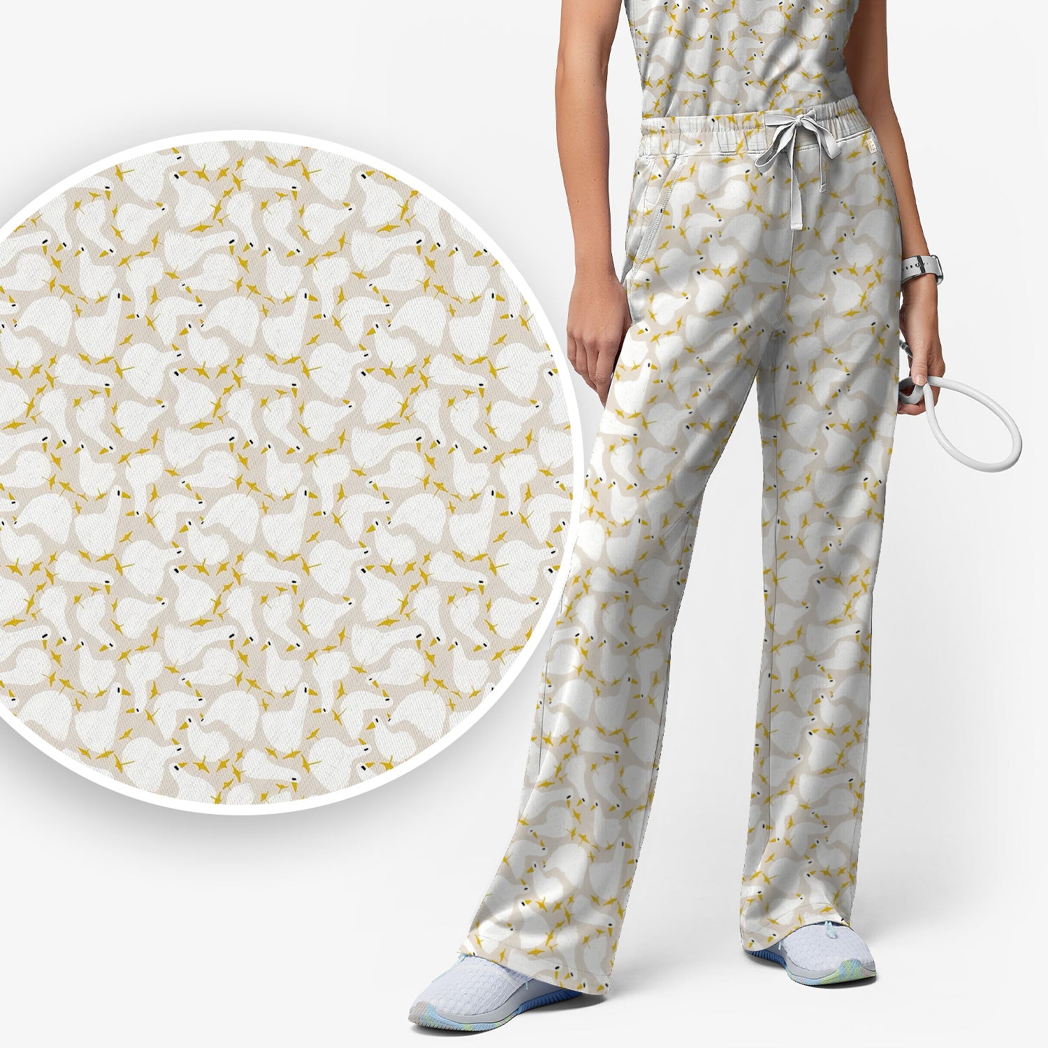 Cute White Goose Yellow Star Pattern Scrub Set, Scrub Pants and V Neck Top