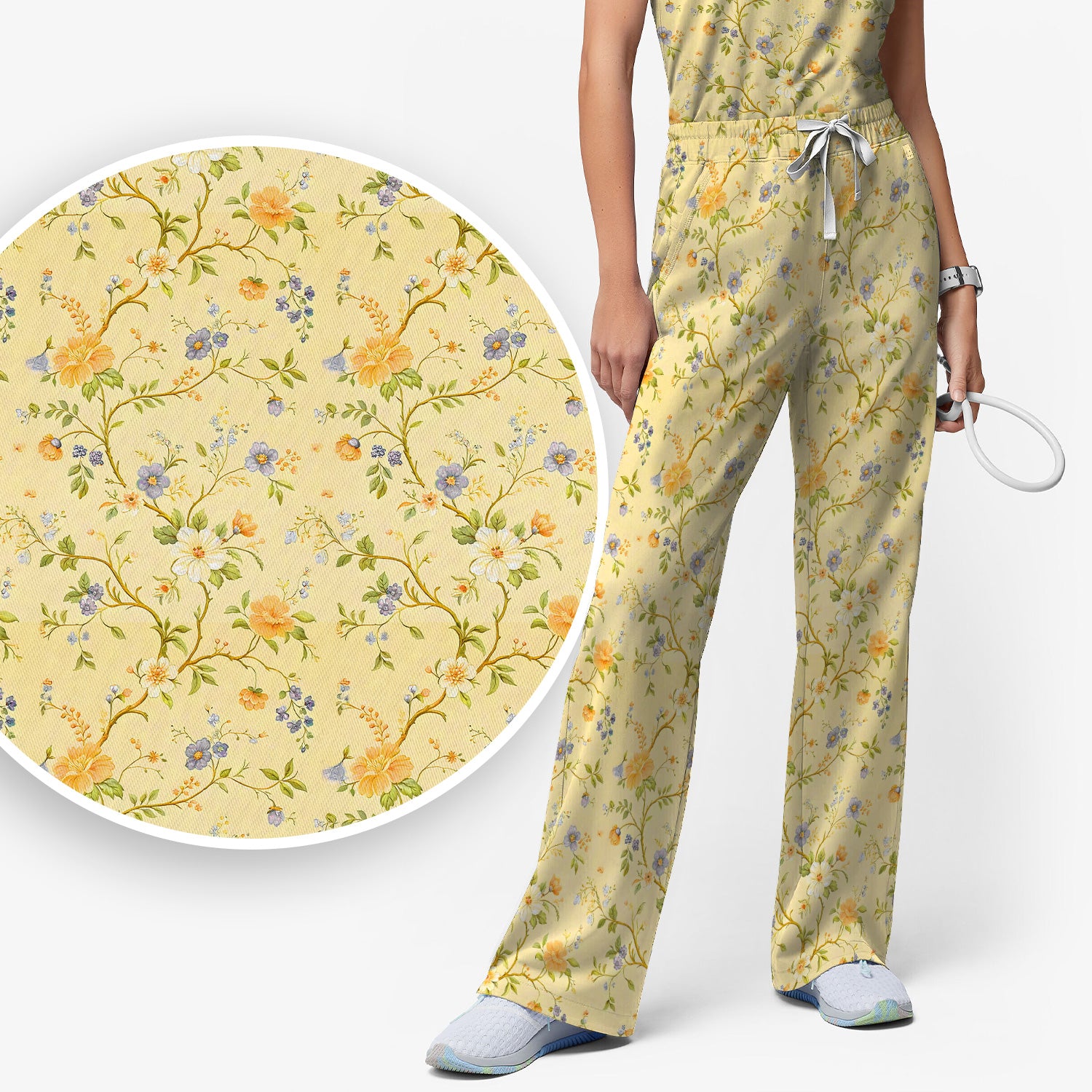 Sunny Wildflower Garden Floral Scrub Set, Scrub Pants and V Neck Top