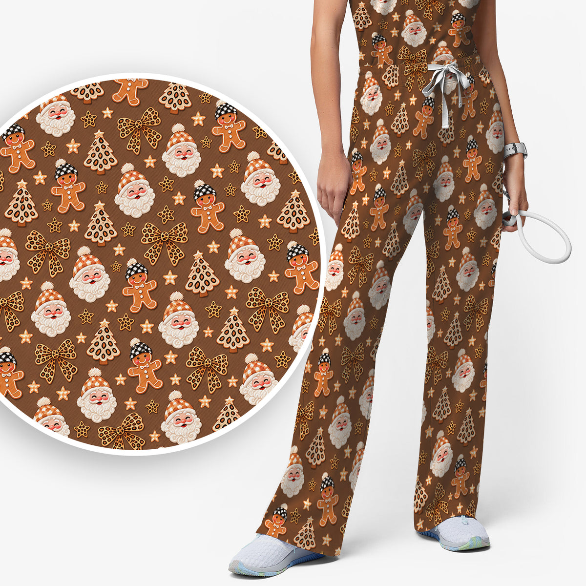 Funny Christmas Cat Baking Biscuits Pattern Scrub Set, Scrub Pants and V Neck Top