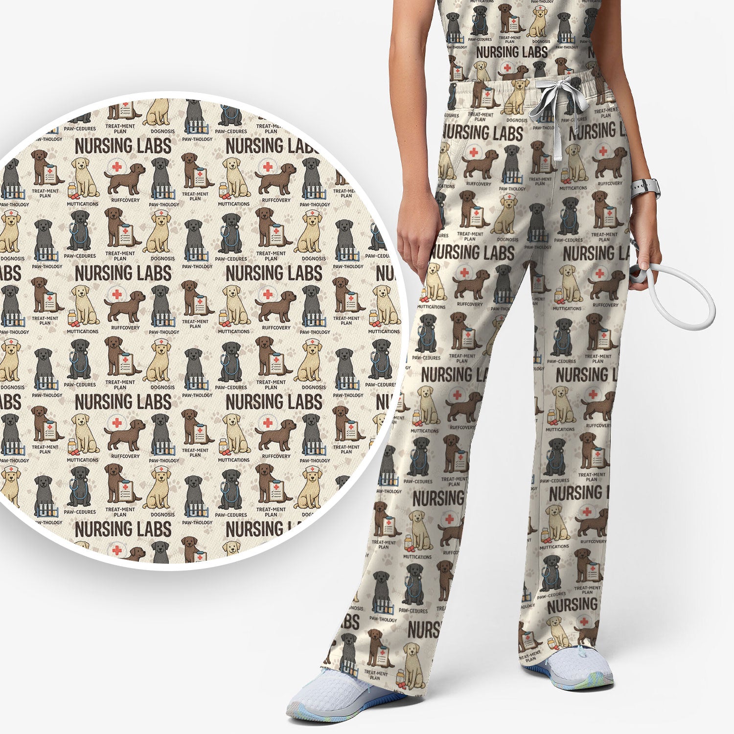 Playful Nursing Labs Dog Pattern Scrub Set, Nurse Uniform Scrubs Set