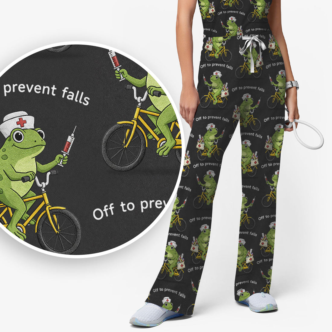 Cute Frog Riding Bike With Funny Quote Scrub Set, Scrub Pants and V Neck Top