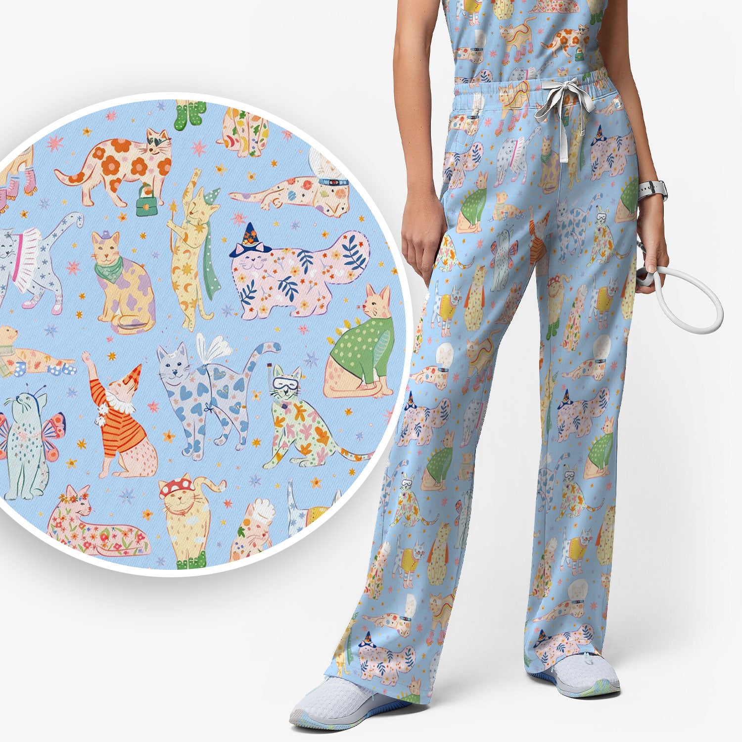 Colorful Pastel Cartoon Cats Print Scrub Set, Breathable Med Uniform