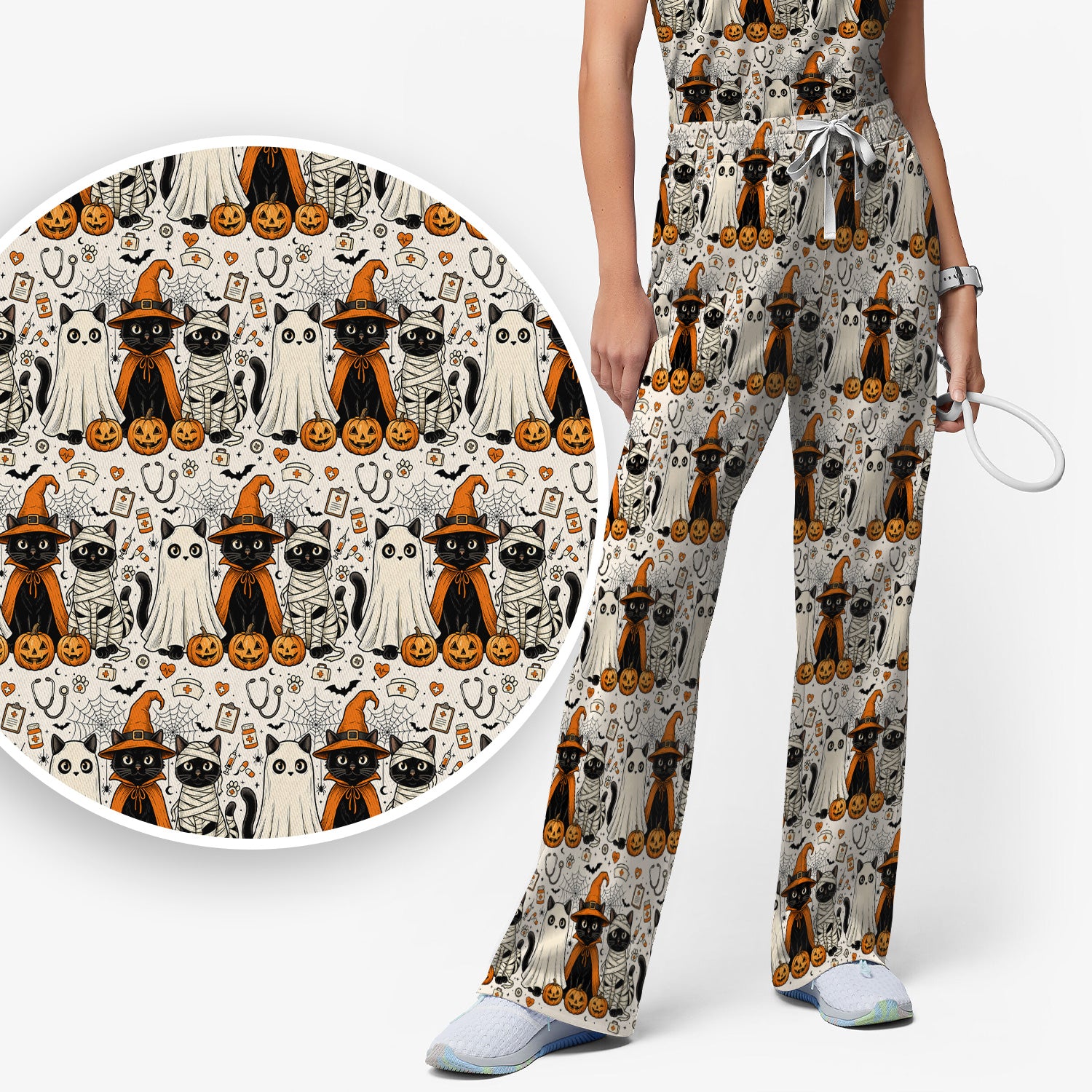 Spooky Halloween Costume Cats Scrub Set, Scrub Pants and V Neck Top