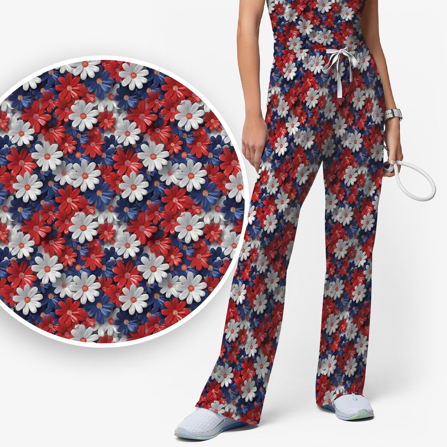 Festive Patriotic Daisy Bloom Pattern Scrub Set, Scrub Pants and V Neck Top