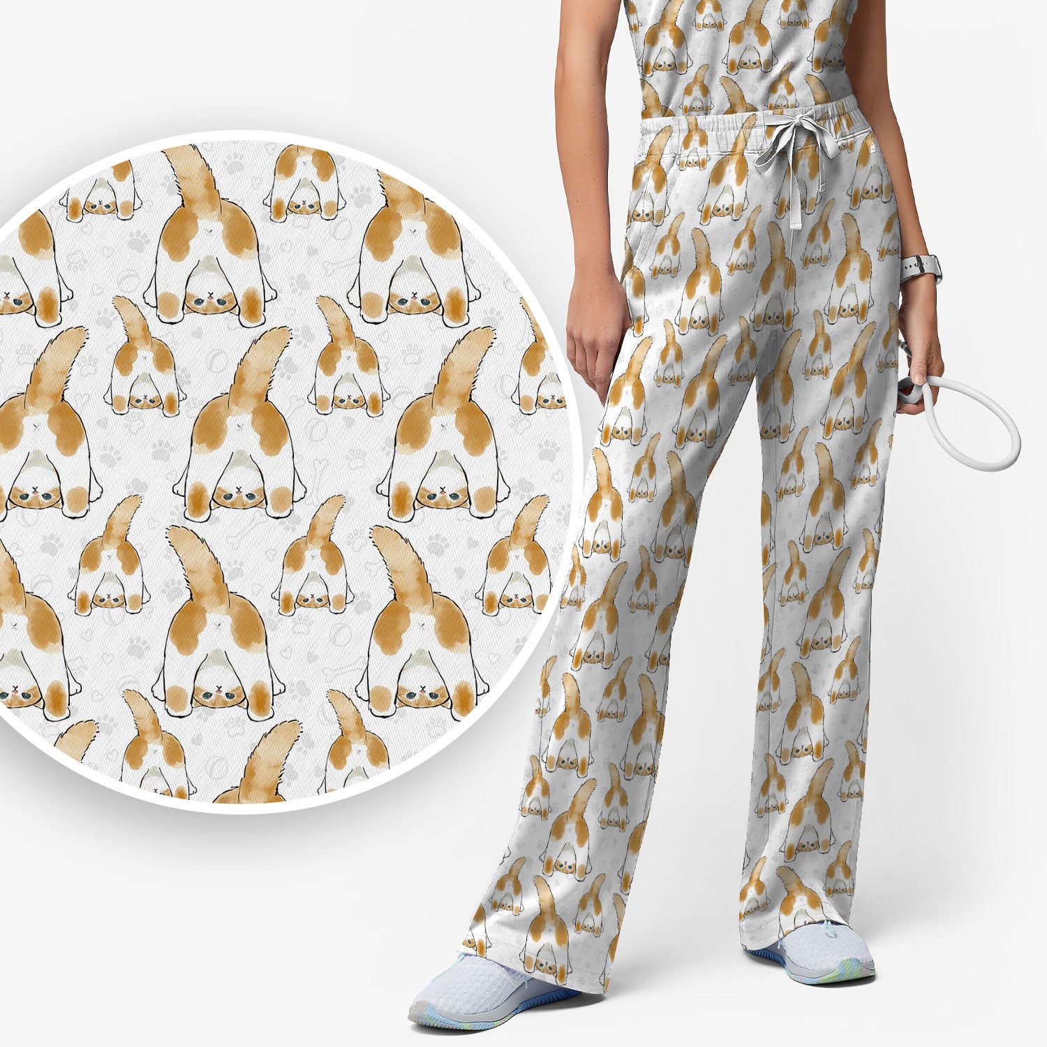 Cute Cat Butt Nurse Scrub Set, Cat Pattern Medical Shirt For Pet Lover, Breathable Fabrics Nursing Uniform