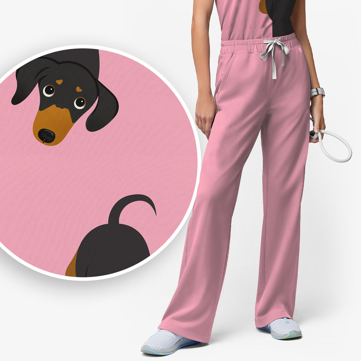 Cute Peekaboo Dachshund Dog Scrub Set, Scrub Pants and V Neck Top