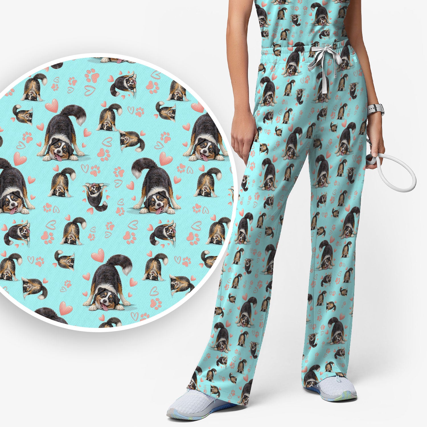 Playful Dog Heart Medical Print Scrub Set, Breathable Med Uniform