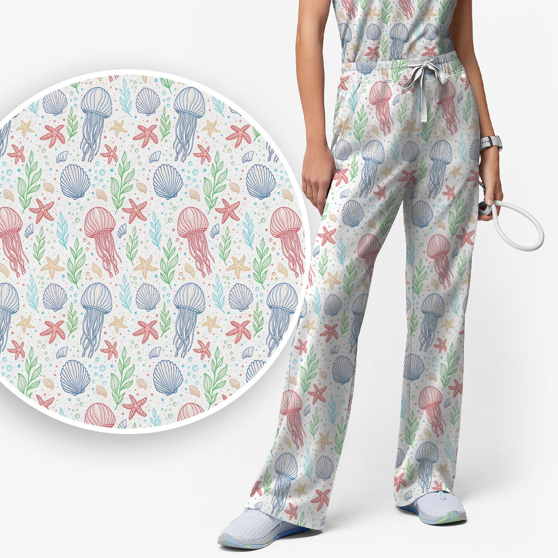 Cute Jellyfish Ocean World  Pattern Scrub Set, Scrub Pants and V Neck Top