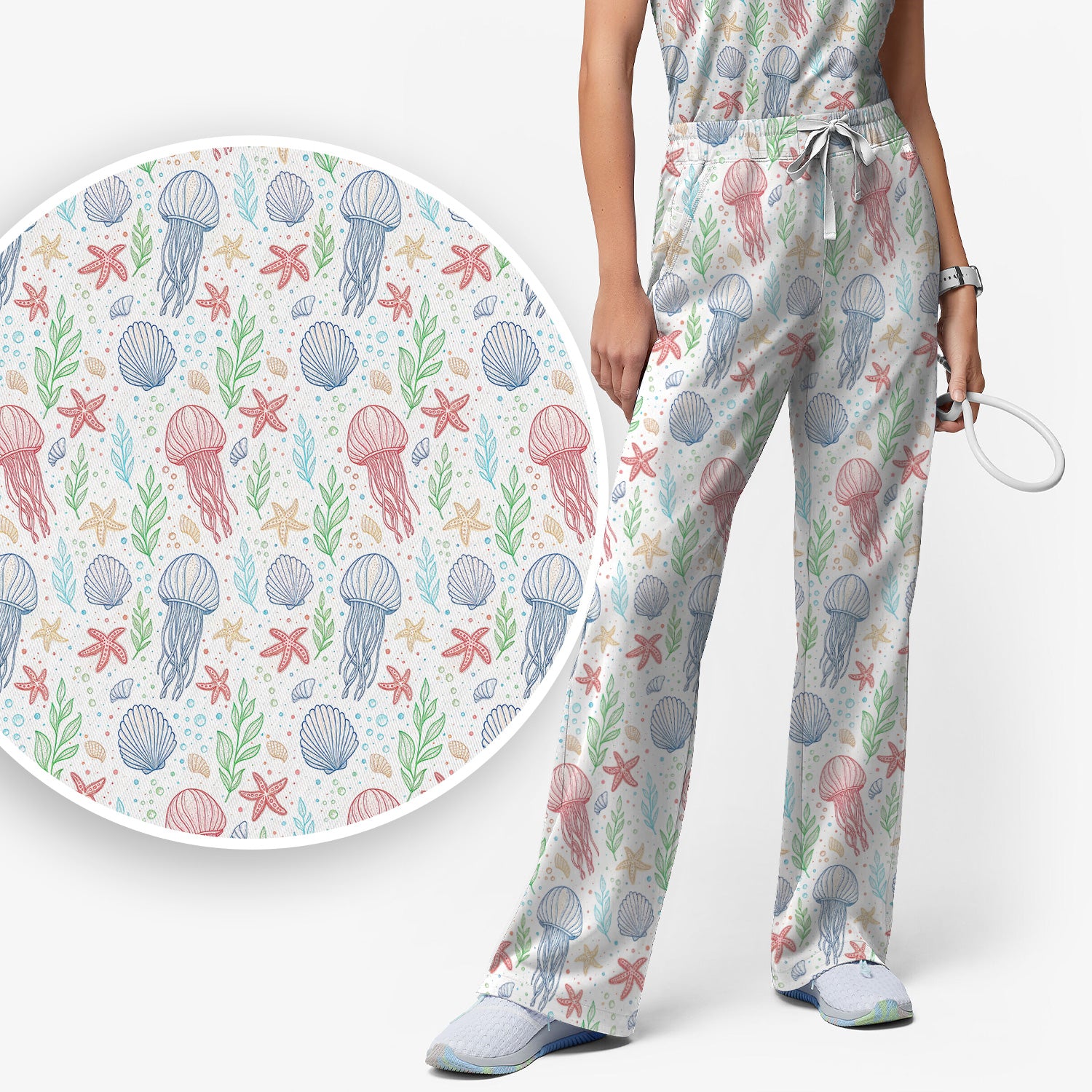 Cute Jellyfish Ocean World  Pattern Scrub Set, Scrub Pants and V Neck Top