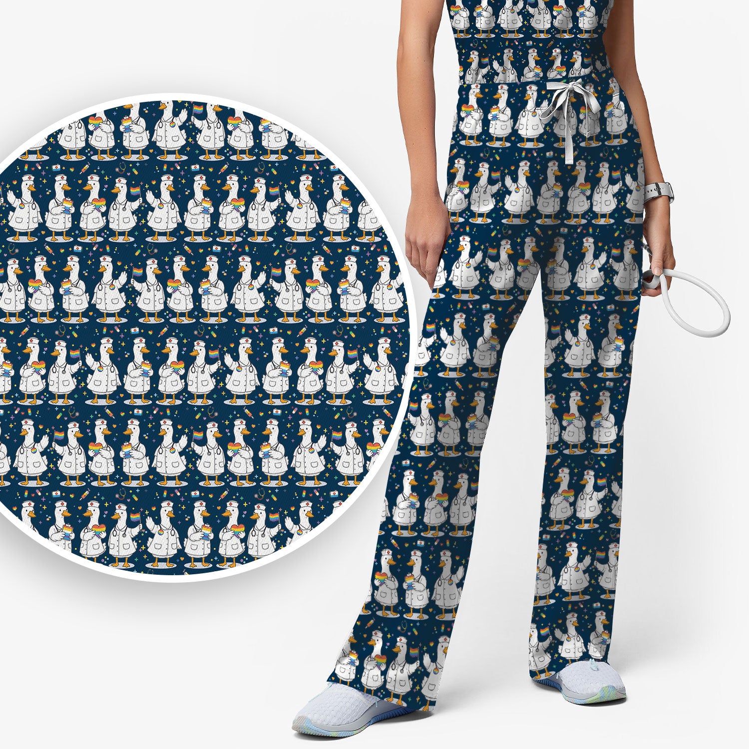 Cute Nurse Duck Pride Theme Scrub Set, Scrub Pants and V Neck Top