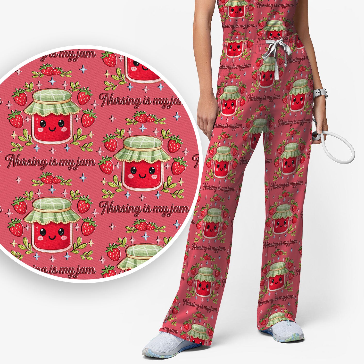 Cute Strawberry Jam Nurse Pattern Scrub Set, Breathable Med Uniform