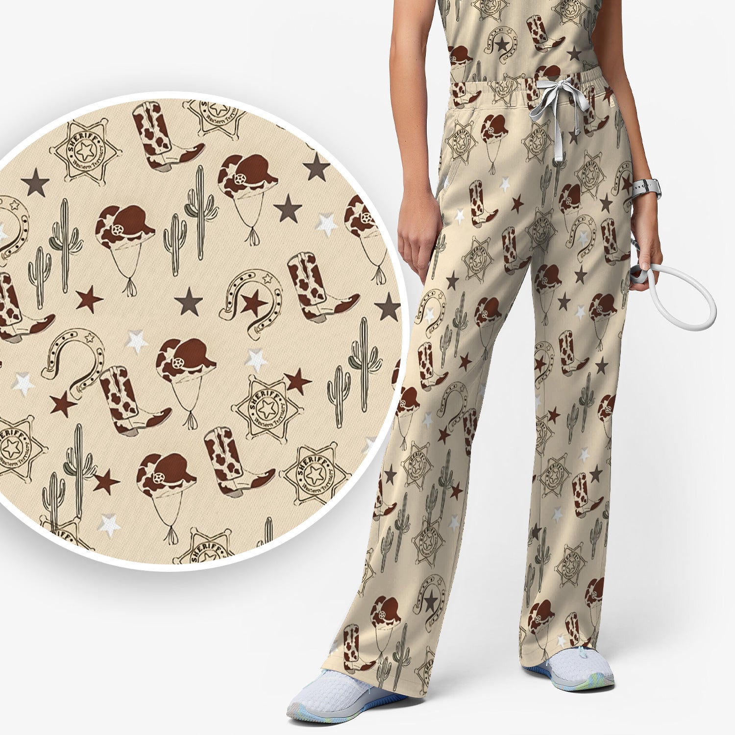 Funny Cowboy Hats & Boots Pattern Scrub Set, Scrub Pants and V Neck Top