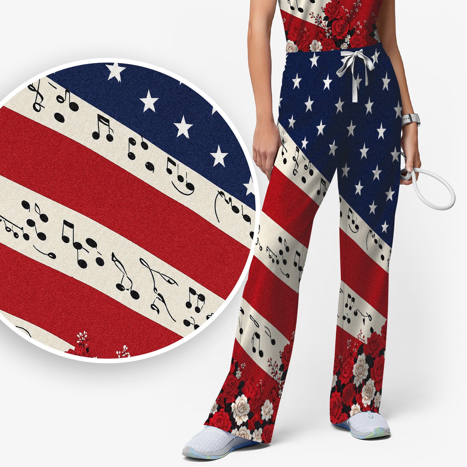 Patriotic Music Notes Nurse Scrub Top for RN, CNA, Healthcare Workers, Floral USA Uniform Scrub Set, Scrub Pants and V Neck Top