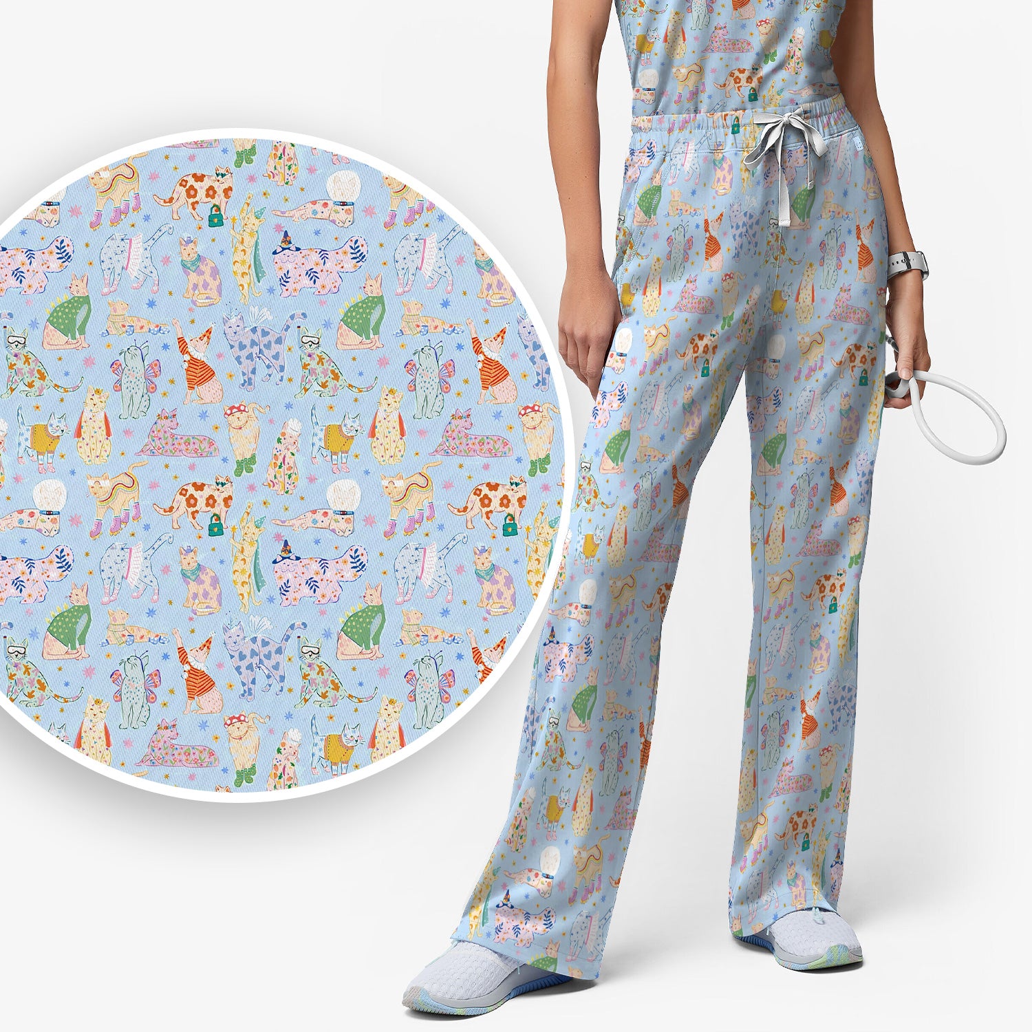 Cute Colorful Cats Pattern Scrub Set, Scrub Pants and V Neck Top