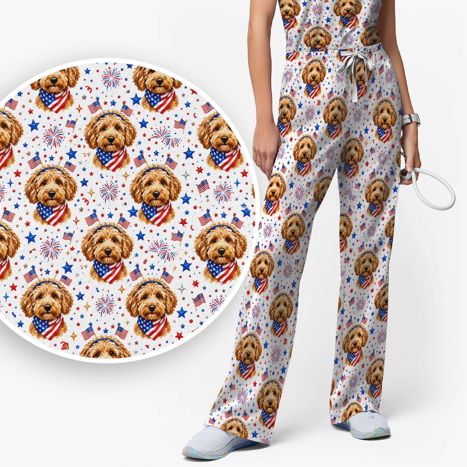 Patriotic Goldendoodle Nurse Pattern Scrub Set, Scrub Pants and V Neck Top