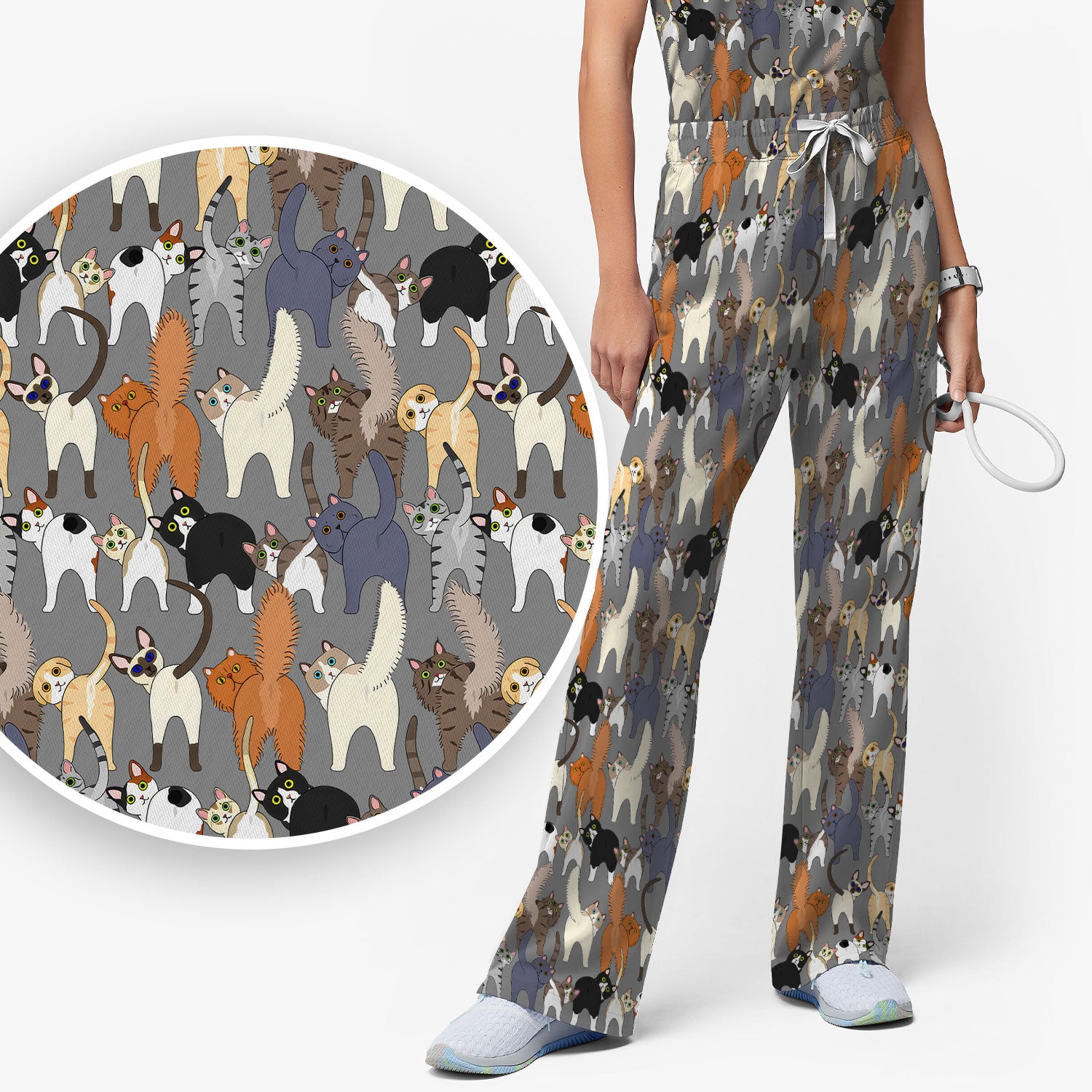 Whimsical Multicolor Cat Cartoon Pattern Scrub Set, Breathable Med Uniform