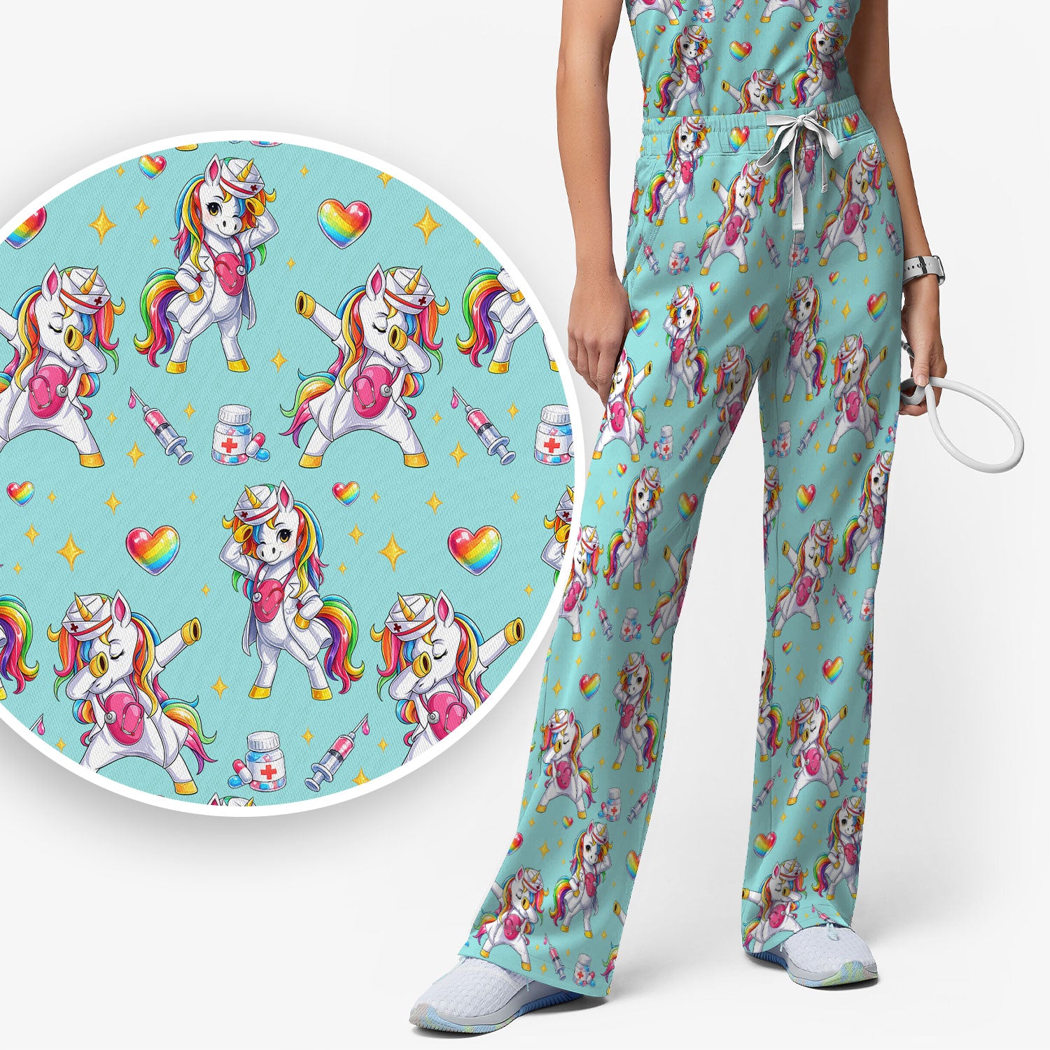 Playful Nurse Unicorn Rainbow Pattern Scrub Set, Breathable Med Uniform