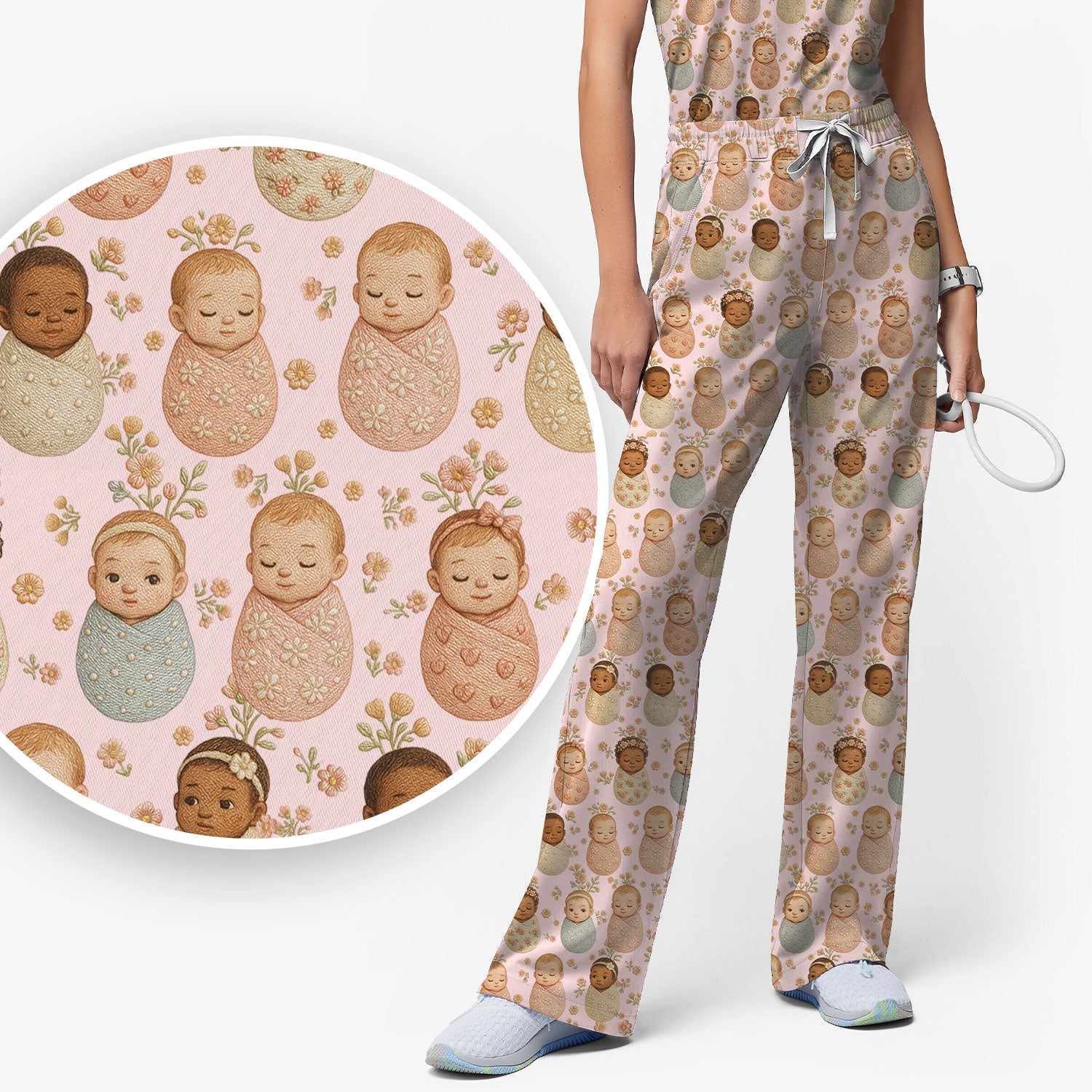 Sweet Newborn Baby Floral Print Women's Scrub Set, Breathable Med Uniform