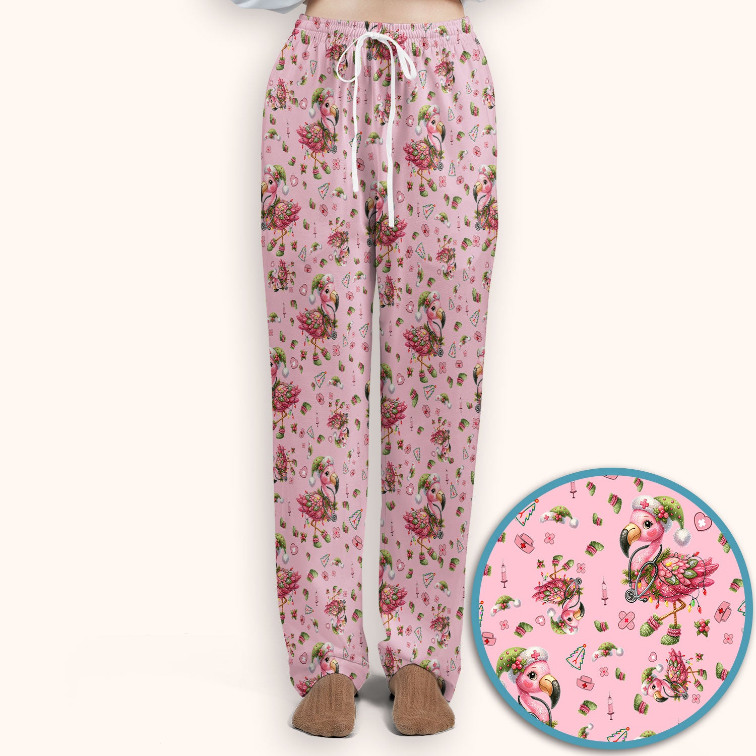 Pink Flamingo Christmas Scrub Set - Cute Flamingo Scrubs Pants and V Neck Top - Fun Christmas Medical Uniform