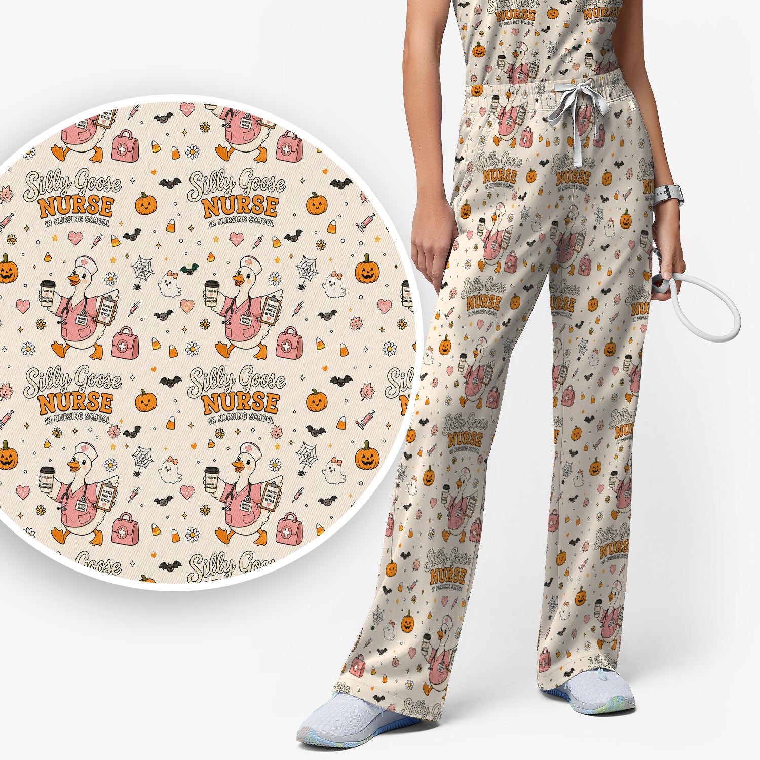 Funny Halloween Silly Goose Pattern Scrub Set, Scrub Pants and V Neck Top