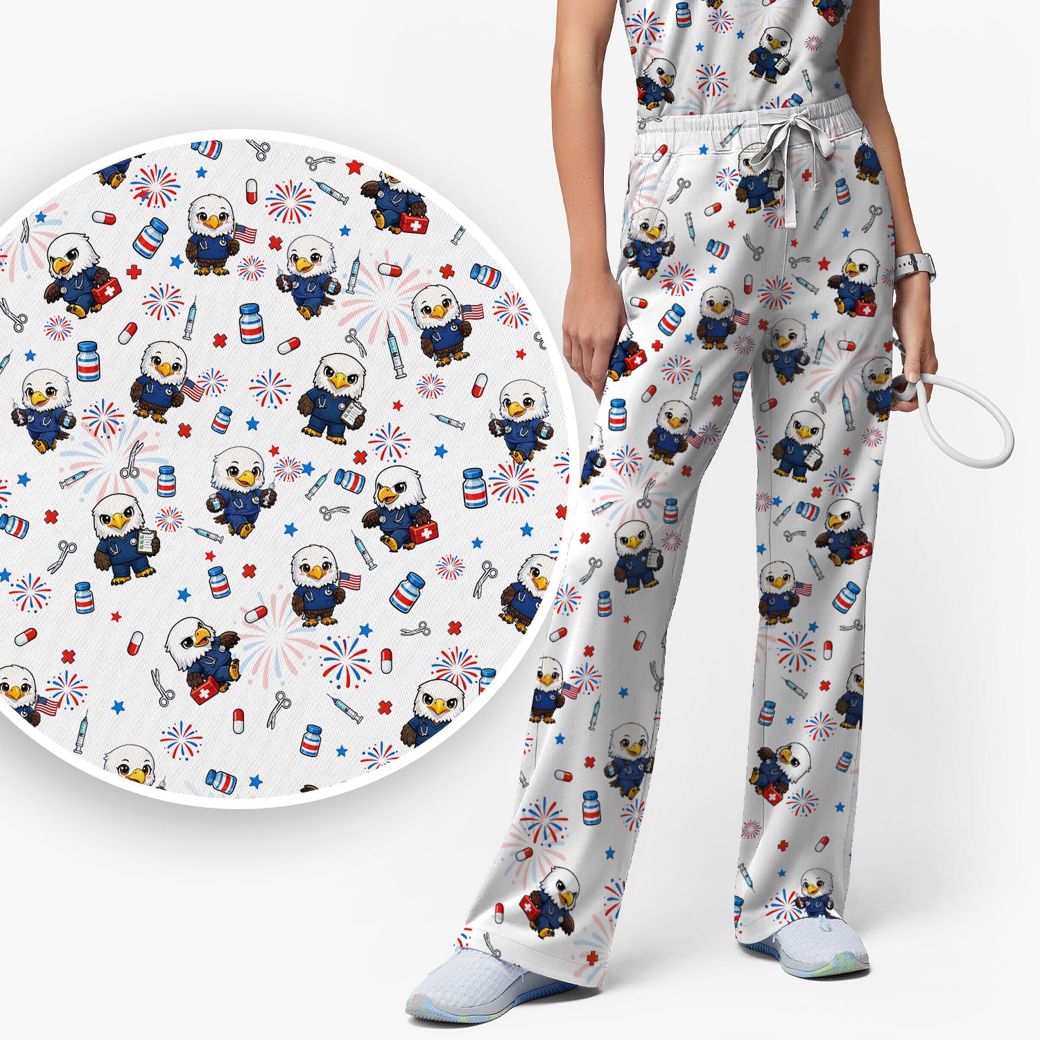 Patriotic Nurse Eagle Fireworks Medical Pattern Scrub Set, Women's Scrub Sets