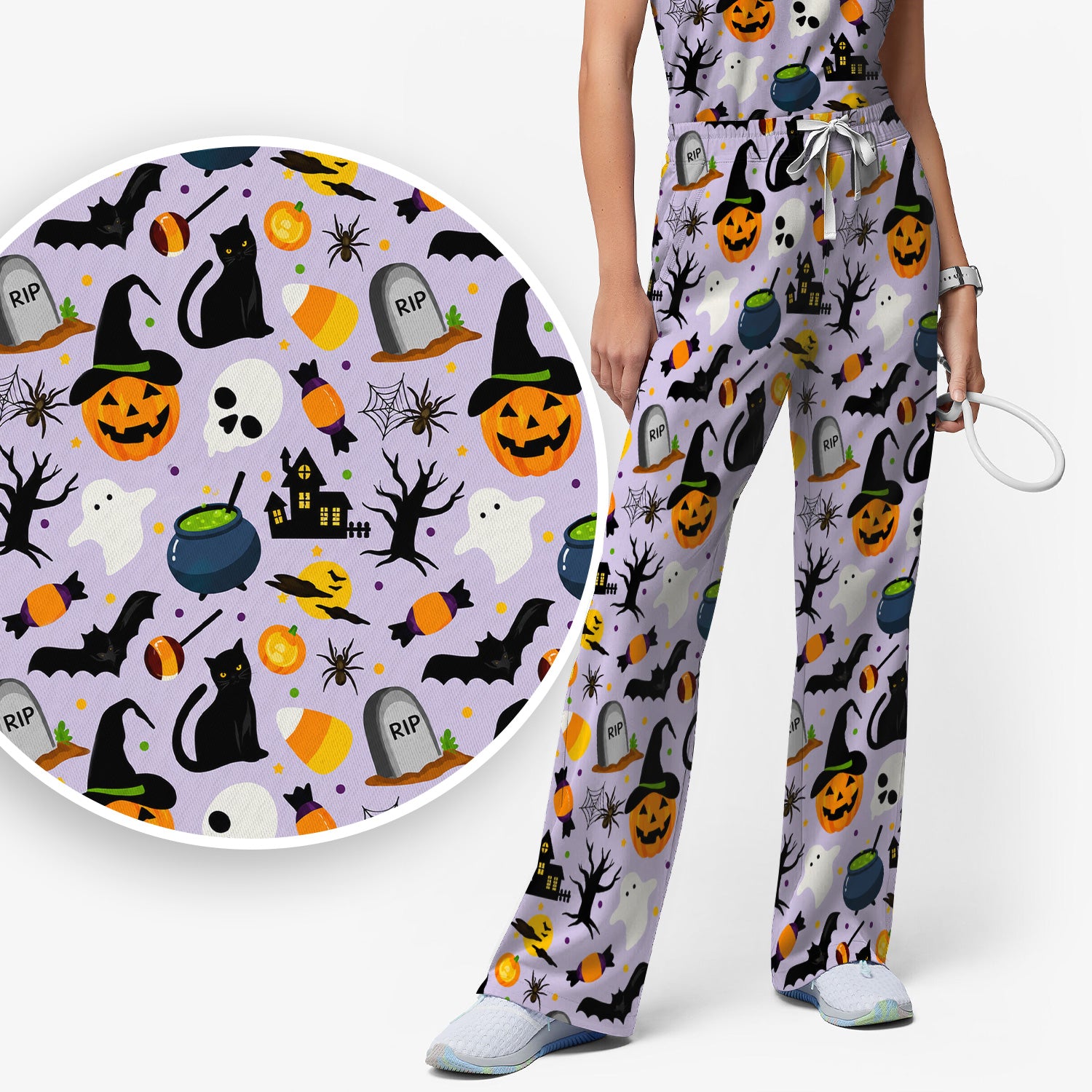 Ghost Pumpkin Witch Pattern Scrub Set, Scrub Pants and V Neck Top