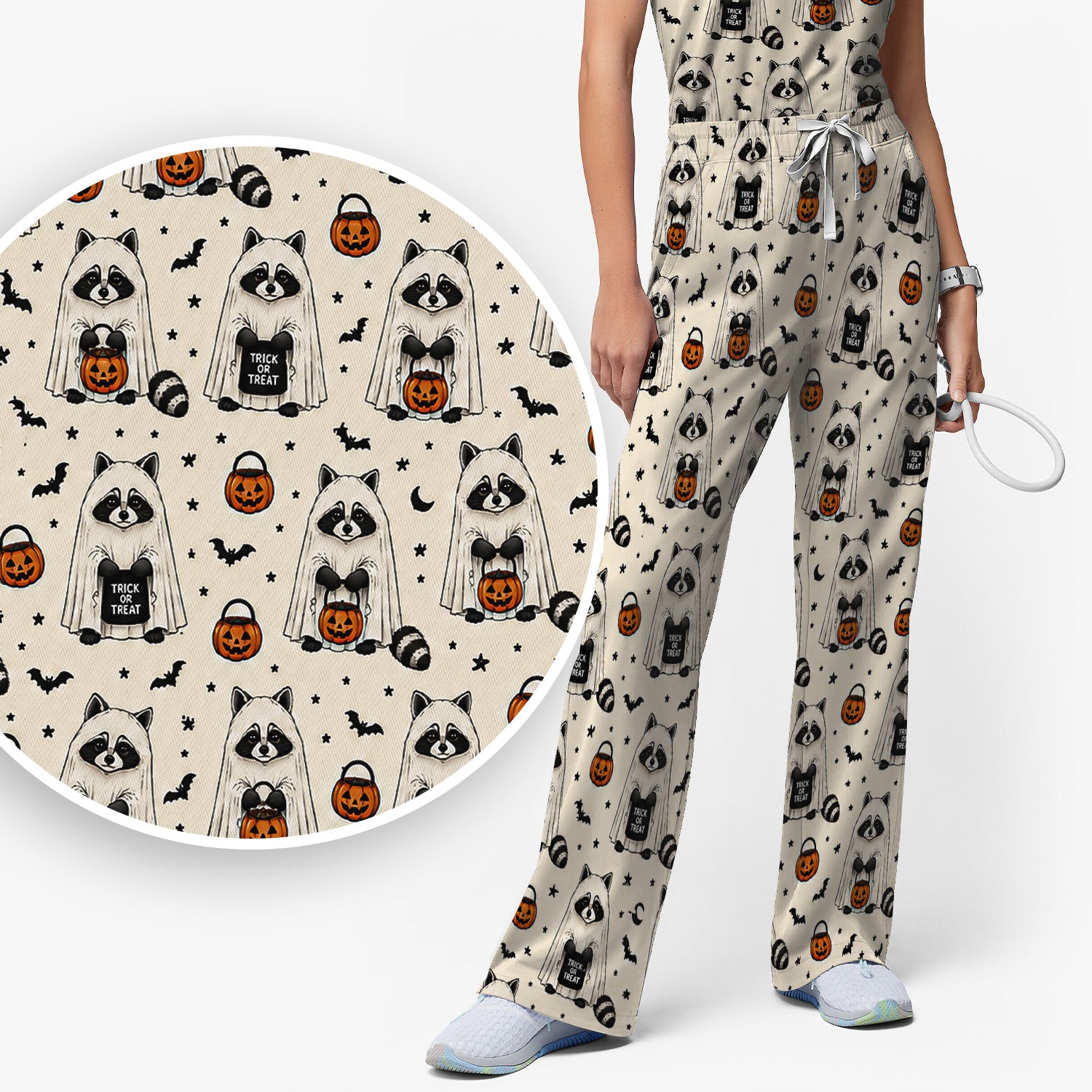 Cute Halloween Ghost Raccoon Scrub Set, Scrub Pants and V Neck Top