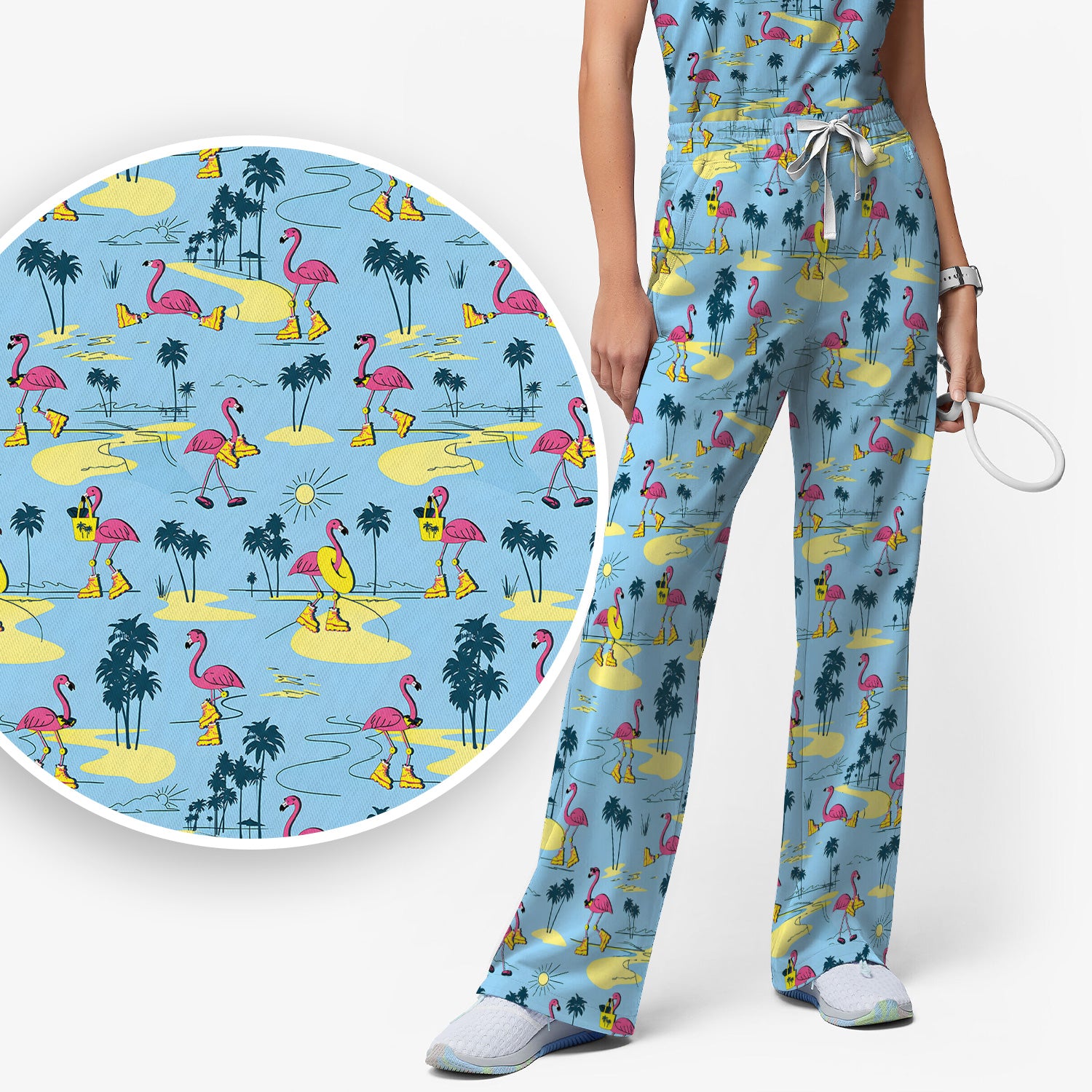 Retro Flamingo Nurse Print Scrub Set, Scrub Pants and V Neck Top
