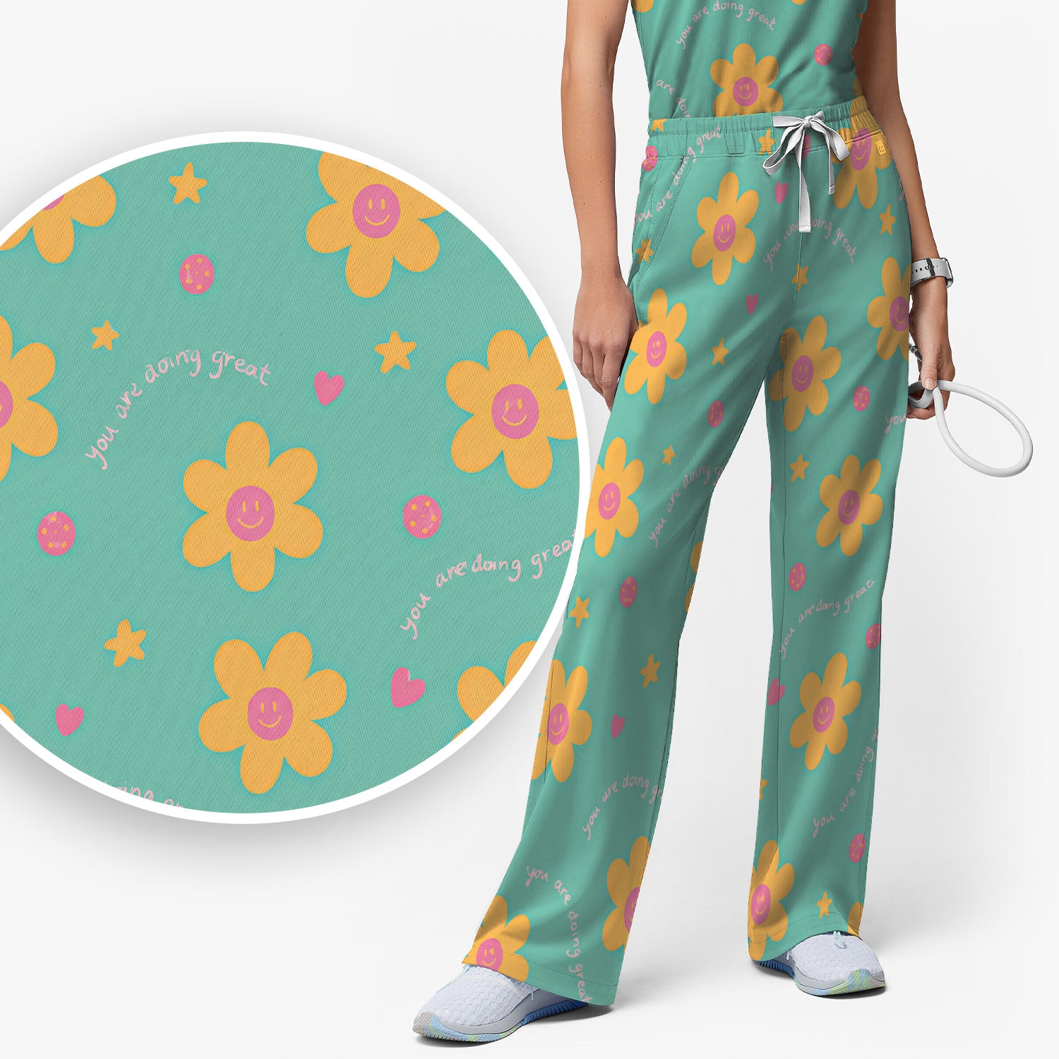 Cheerful Smiley Flower Pattern, Positive Medical Scrub Set, Scrub Pants and V Neck Top