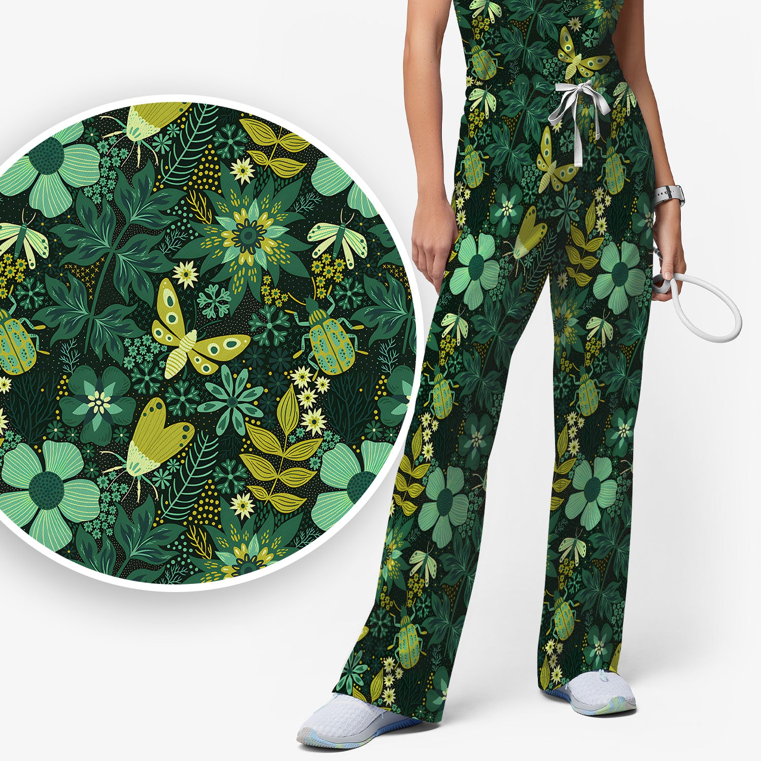 Green Botanical Butterfly Pattern Scrub Set, Scrub Pants and V Neck Top