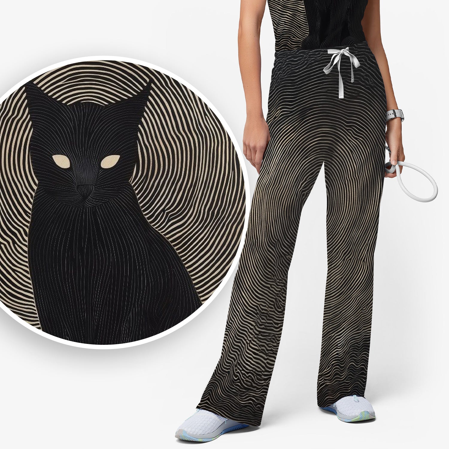 Black Cat Line Art Print Scrub Set, Scrub Pants and V Neck Top