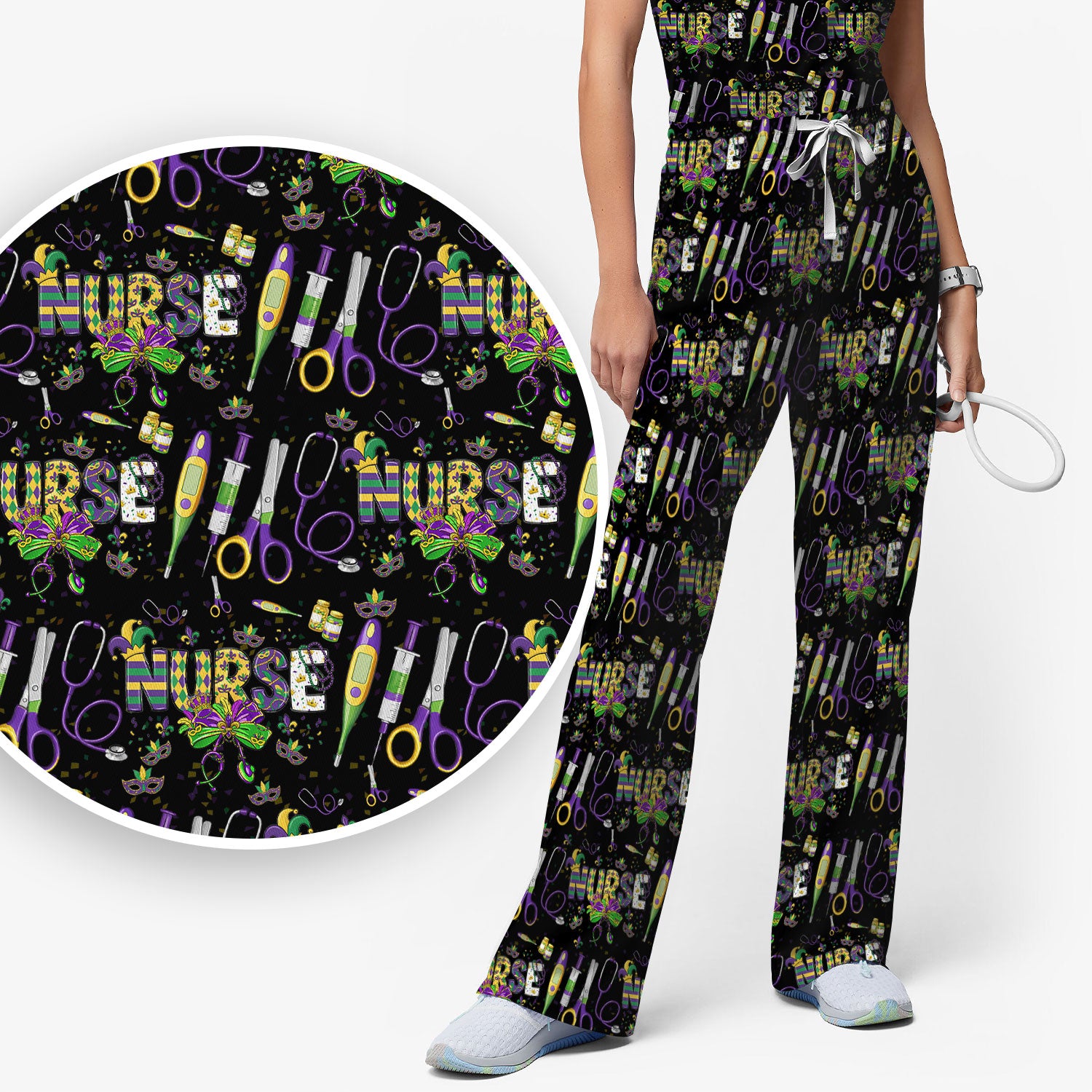Mardi Gras Nurse Scrub Set, Holiday Medical Pattern Nurse Shirt, Breathable Fabrics Nursing Uniform